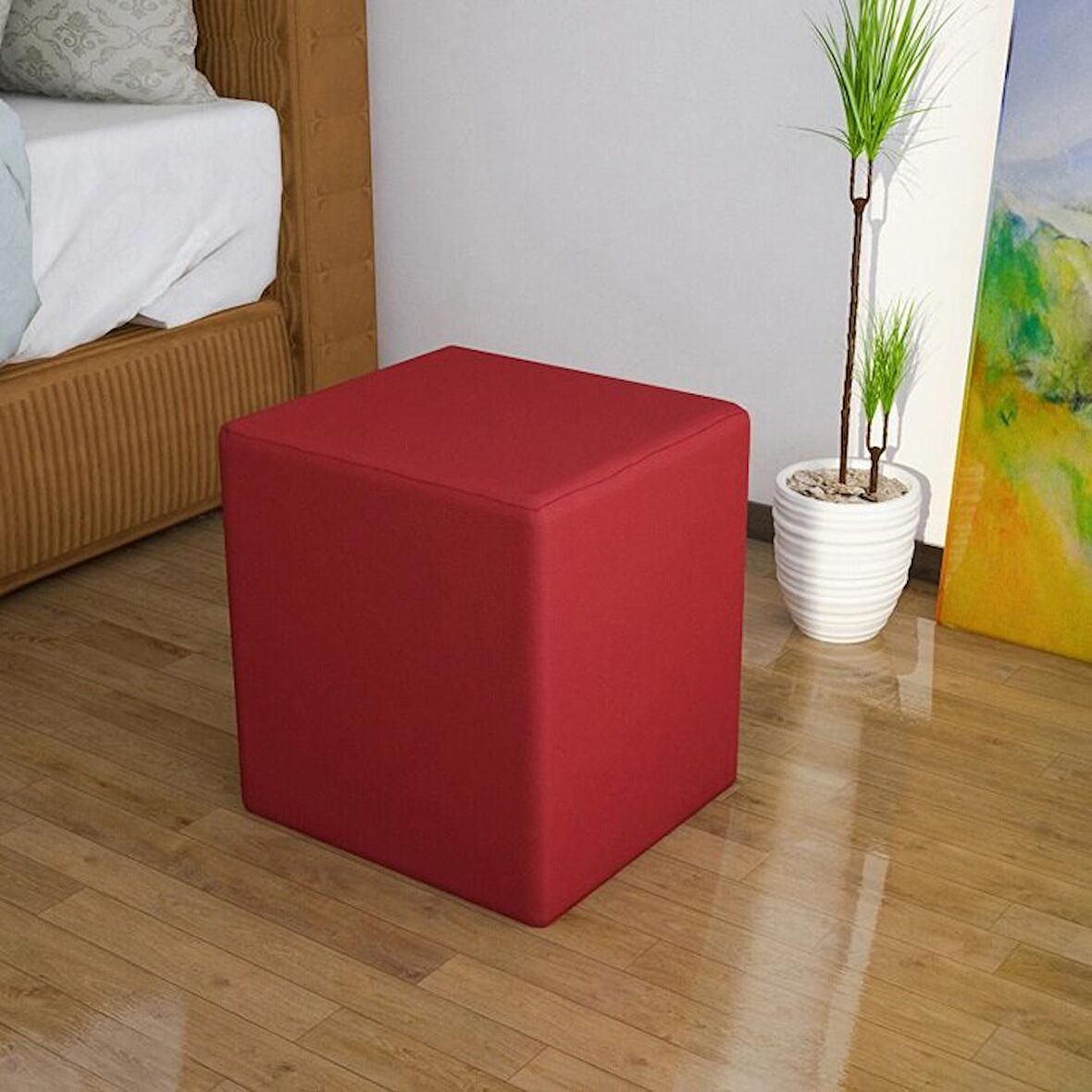 Modilayn Ahşap İskelet Kırmızı Kumaş Kare Puf ARD701