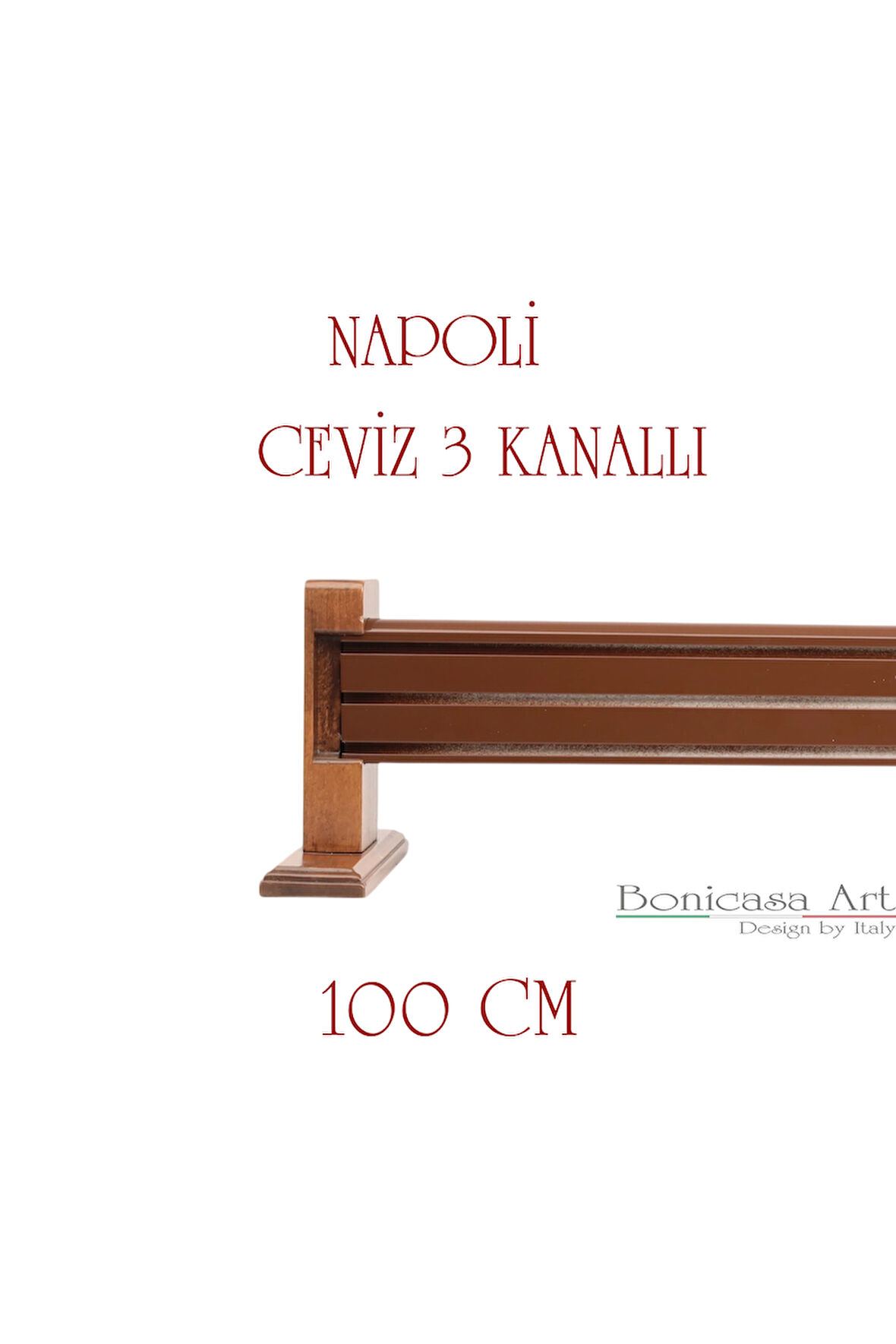 Napoli Ahşap Başlıklı 3 Kanallı Alüminyum Dekoratif Ray Korniş Modern Rustik Ceviz 100 cm