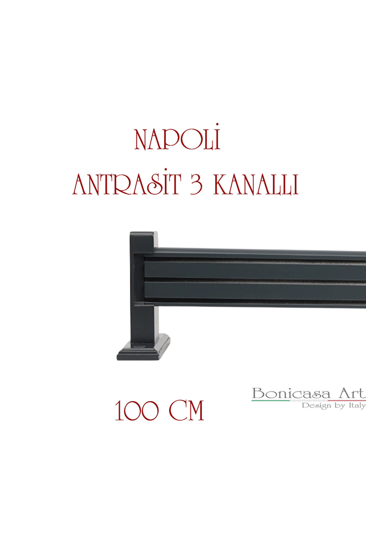 Napoli Ahşap Başlıklı 3 Kanallı Alüminyum Dekoratif Ray Korniş Modern Rustik Antrasit 100 cm