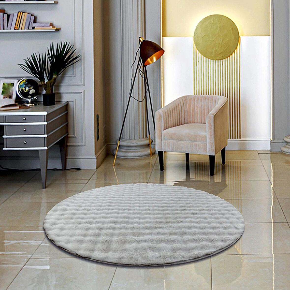 Rex Tavşanı Bubble Post Yuvarlak Halı Gri