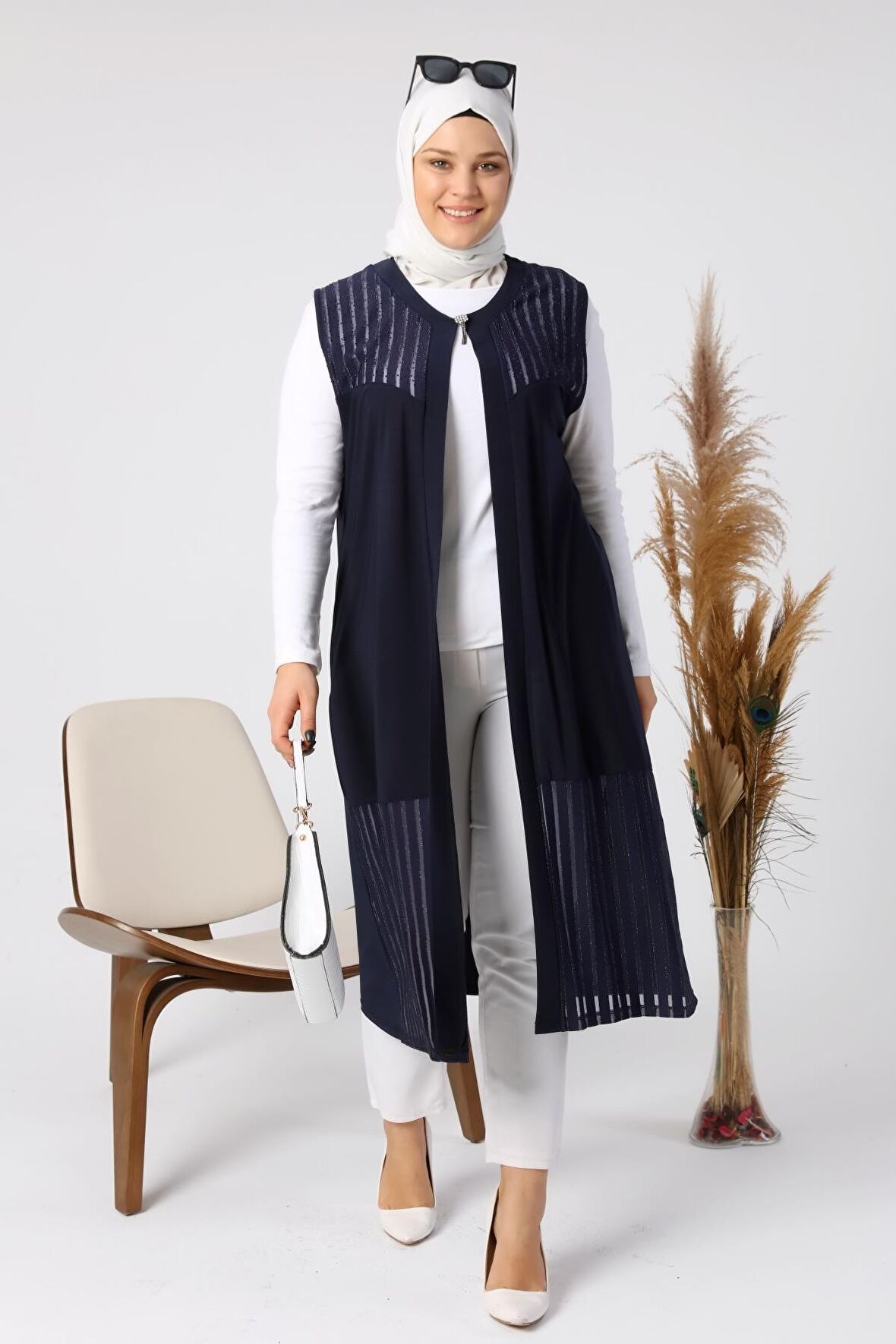 Kadın Büyük Beden Transparan Taşlı Uzun Yelek