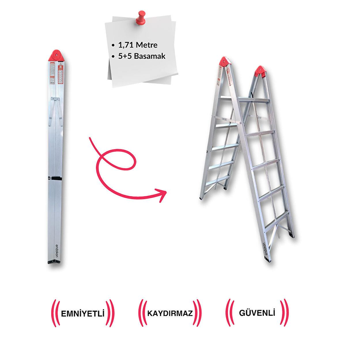 2*5 171 cm. Katlanır Alüminyum Çubuk Merdiven