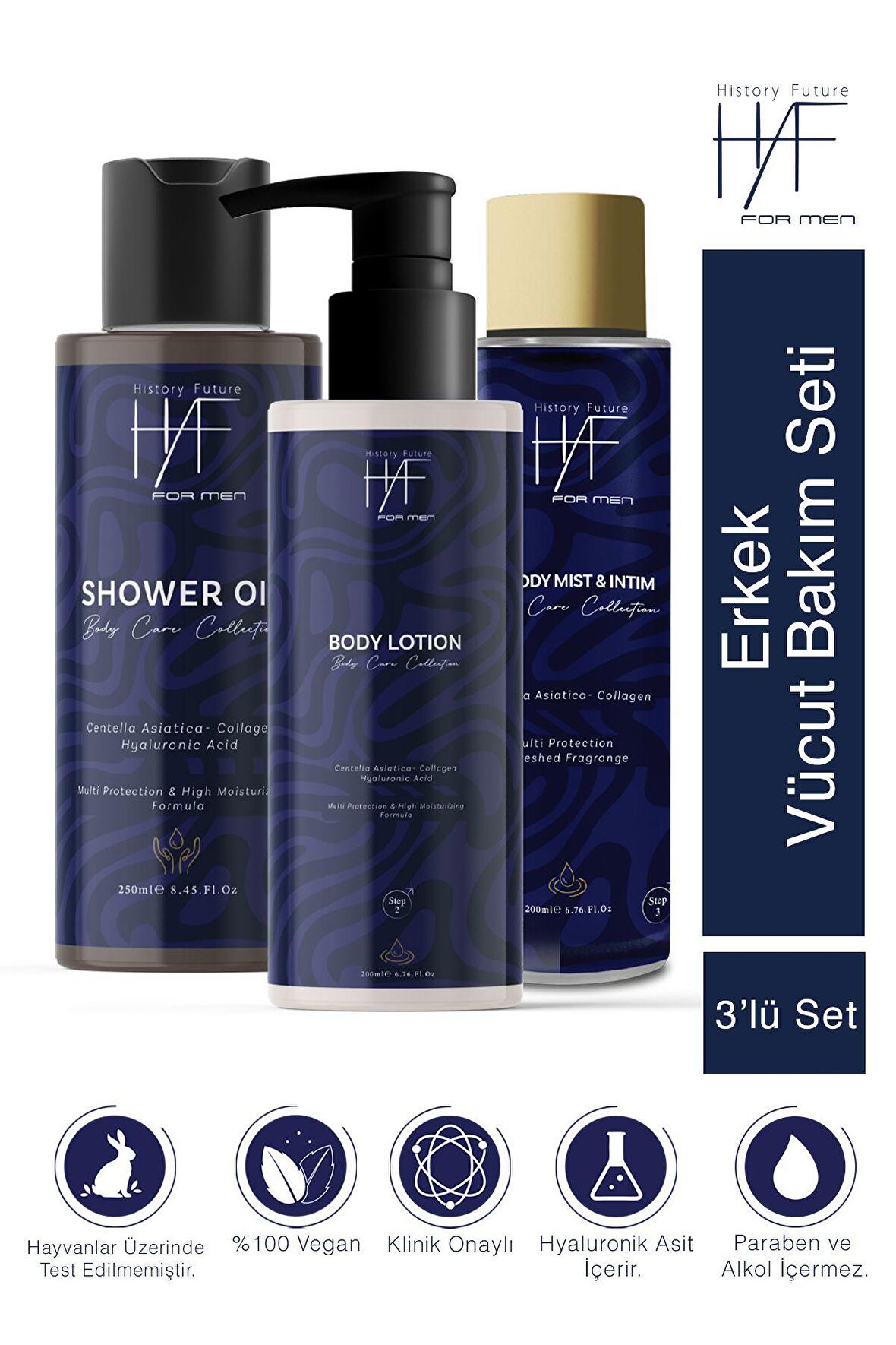 Erkek 3'lü Vücut Bakım Seti:Temizleyici Duş Jeli+Canlandırıcı Vücut Losyonu+İntim Temizleyici Sprey