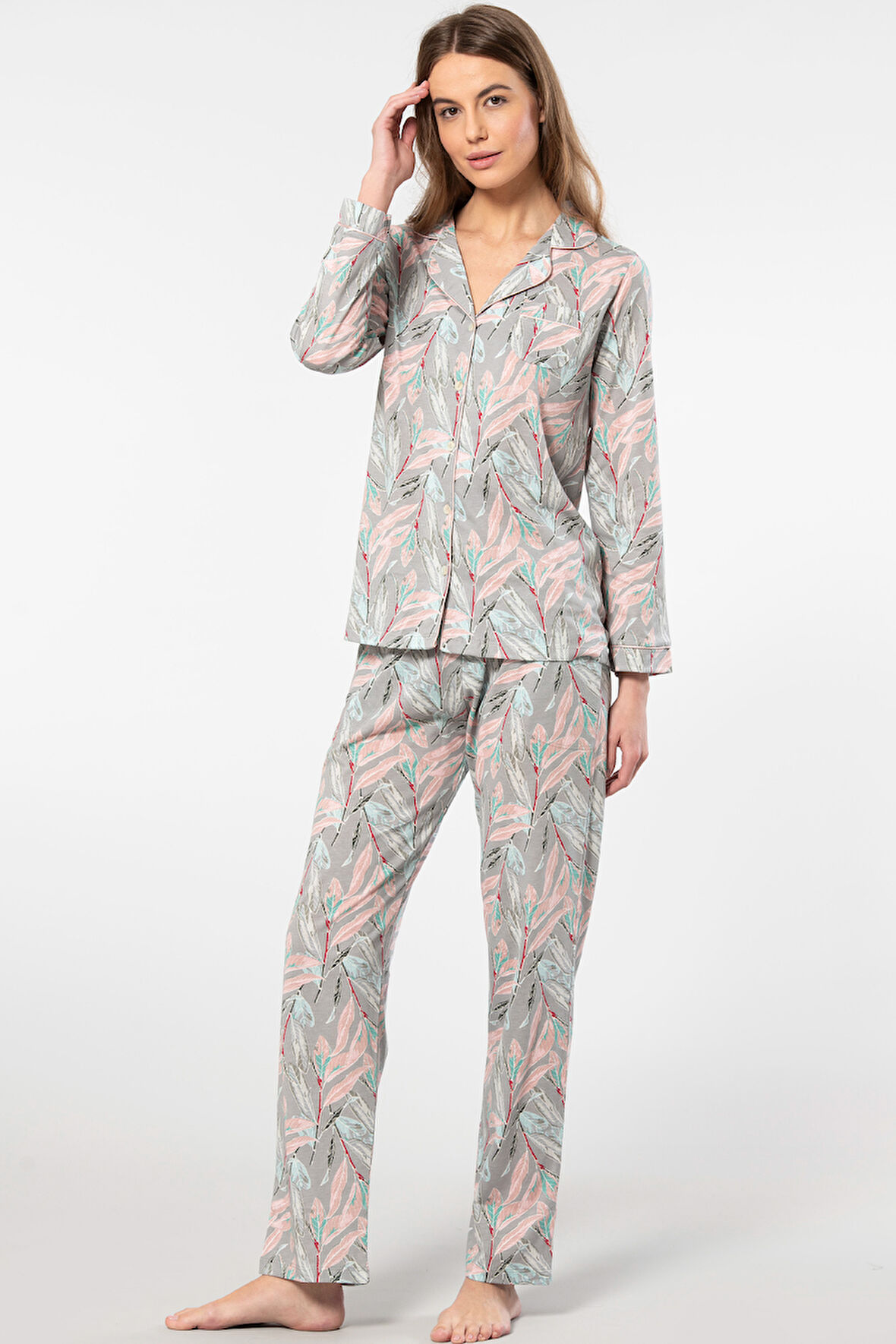 Türen Yaprak Desenli Uzun Kollu Gömlek Yaka Pijama Takımı 3394