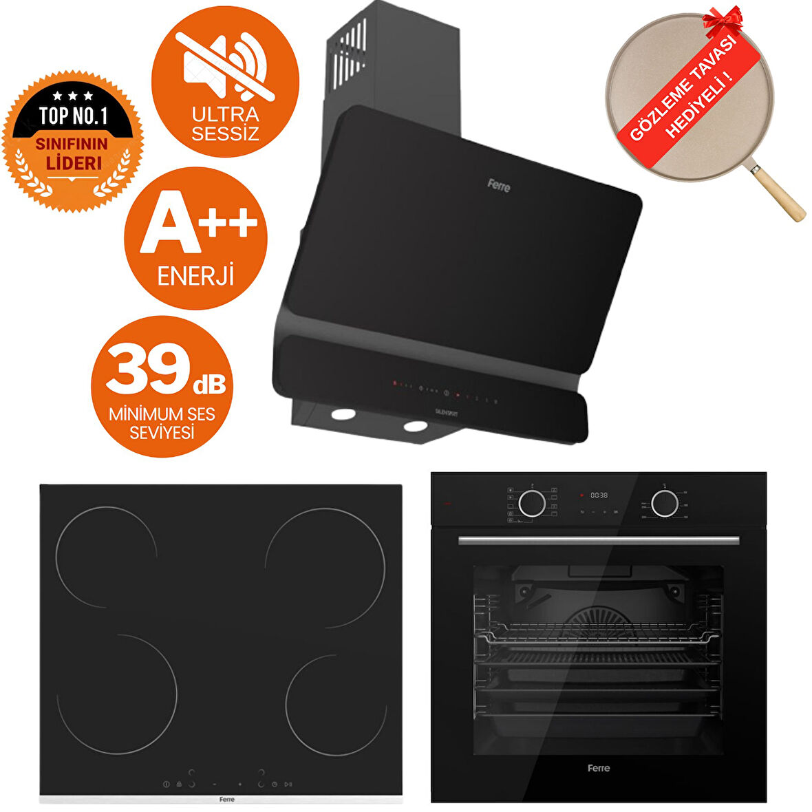 Ferre FryArt & FlowArt Libero Sessiz Davlumbaz Elektrikli Siyah Ank. Set (D080-SA + MS261 + XE63CS)