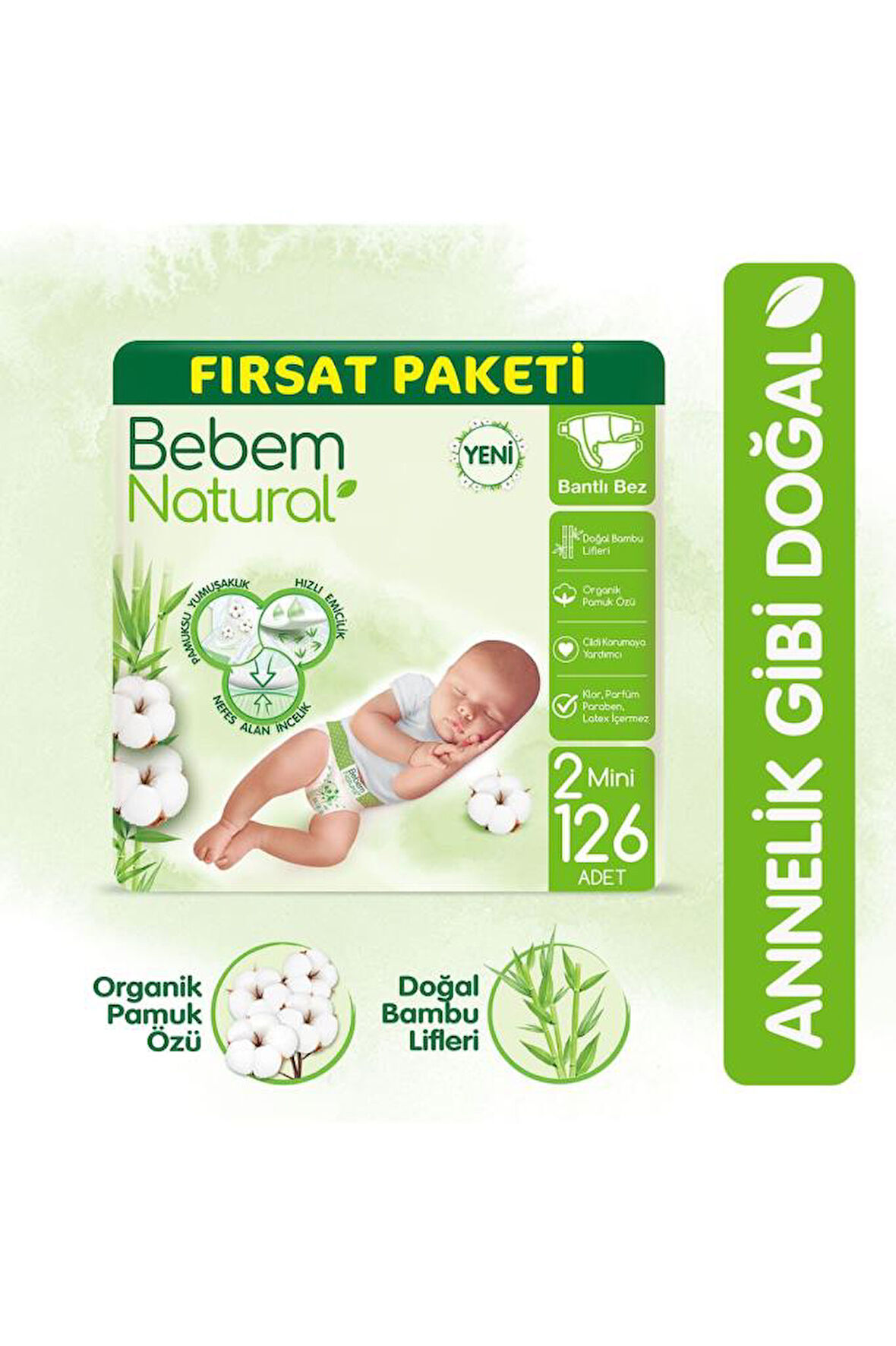Bebem Natural Bebek Bezi 2 Numara 126 Adet 