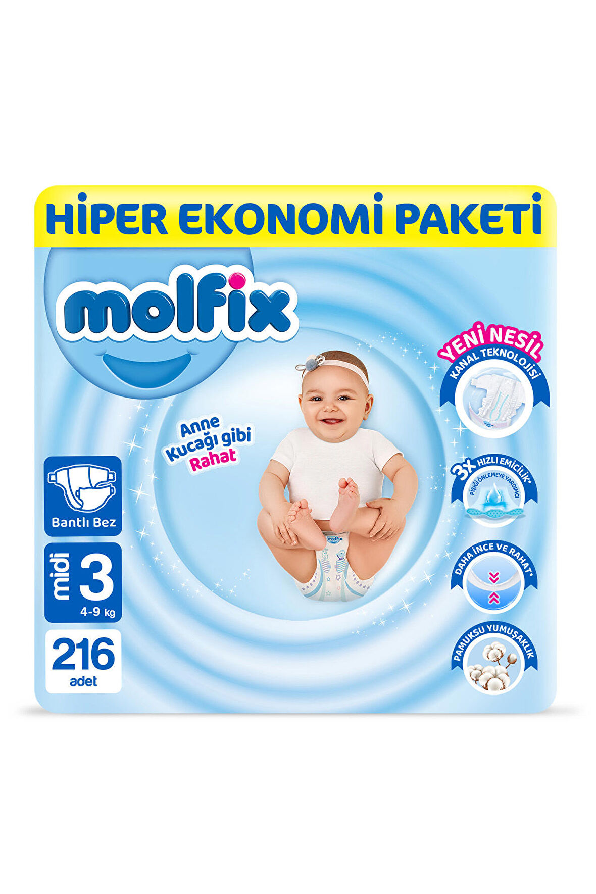 Bebek Bezi 3 Beden Midi Hiper Ekonomi Paketi 216 Adet