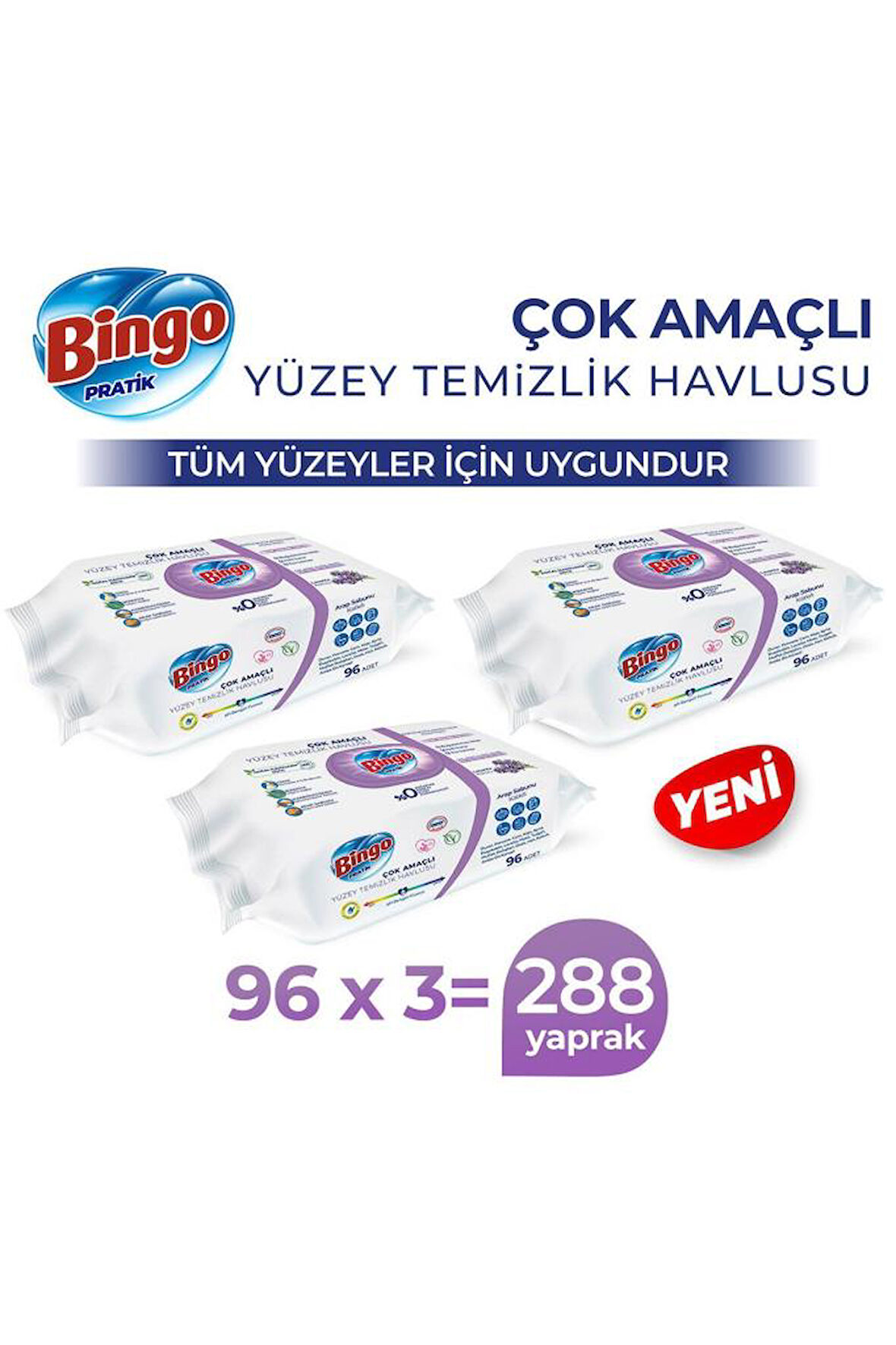 Bingo Pratik Yüzey Temizlik Havlusu Arap Sabunu Katkılı Lavanta 96x3 (288 YAPRAK)