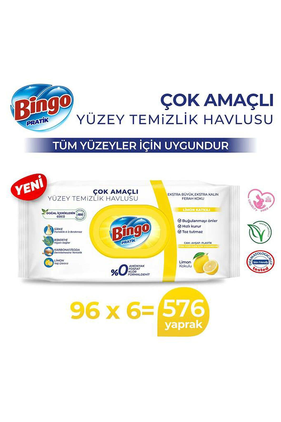 Bingo Pratik Yüzey Temizlik Havlusu Limon 96x6 (576 YAPRAK)