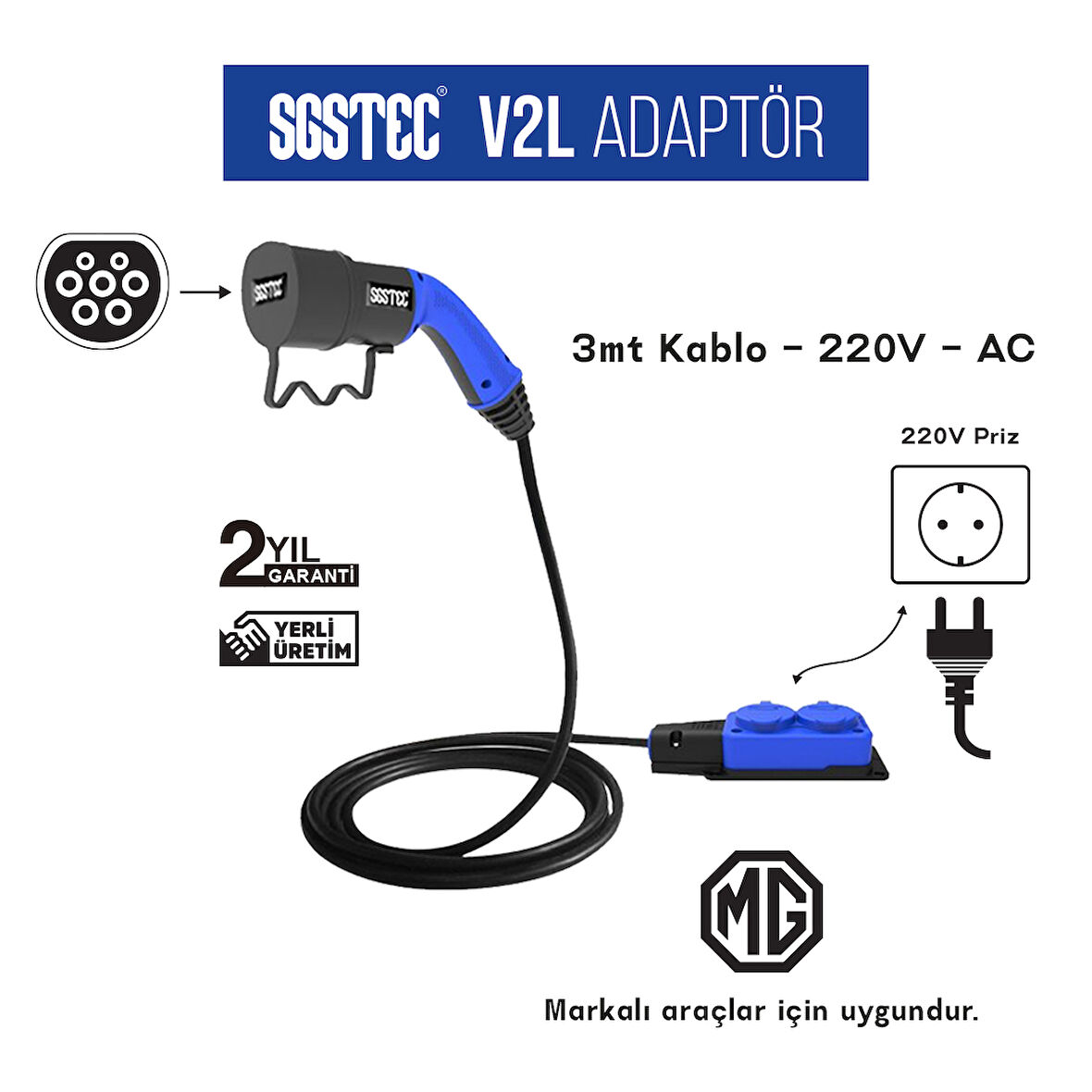 SGSTEC MG 3mt Kablolu 2'li V2L Uzatma Priz Adaptör  