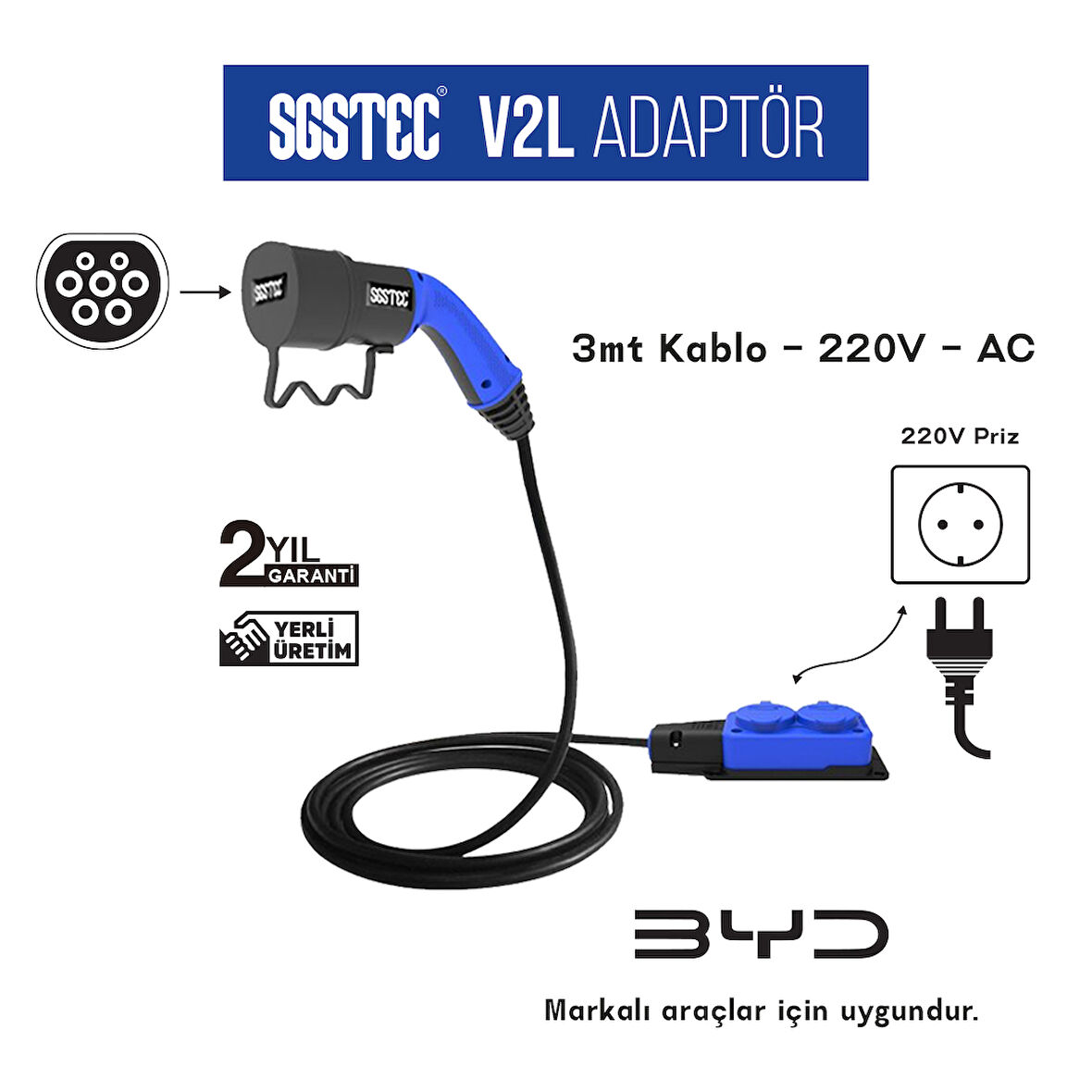 SGSTEC BYD 3mt Kablolu 2'li V2L Uzatma Priz Adaptör  