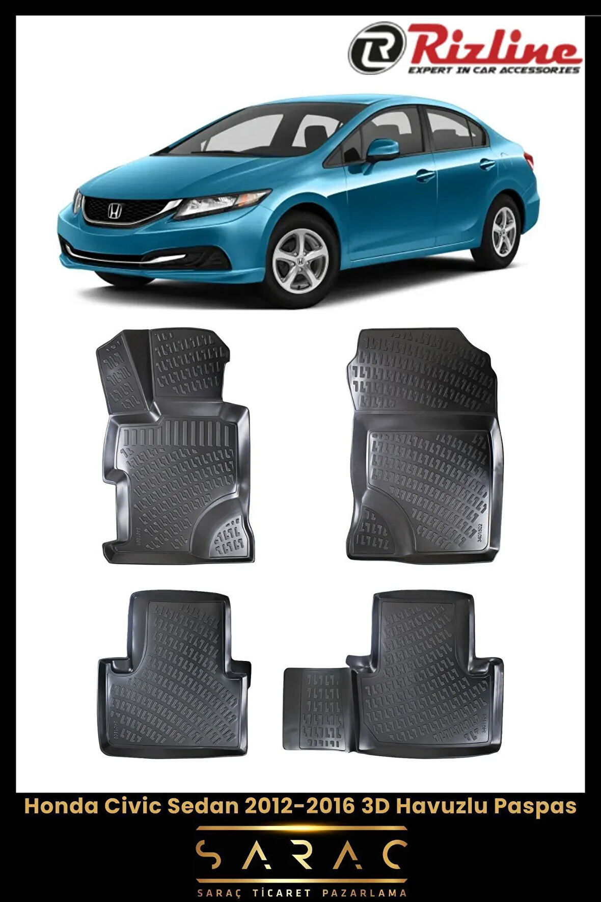 Rizline Honda Civic Sedan 2016 Model(Eski Kasa) 3D Havuzlu Paspas