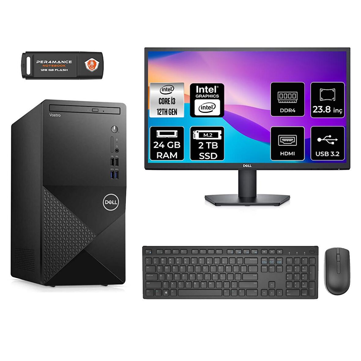 Dell Vostro 3910MT i3 12100 24GB 2TB SSD FDOS N3563VDT3910 MASAÜSTÜ PC & 23.8" MONİTÖR