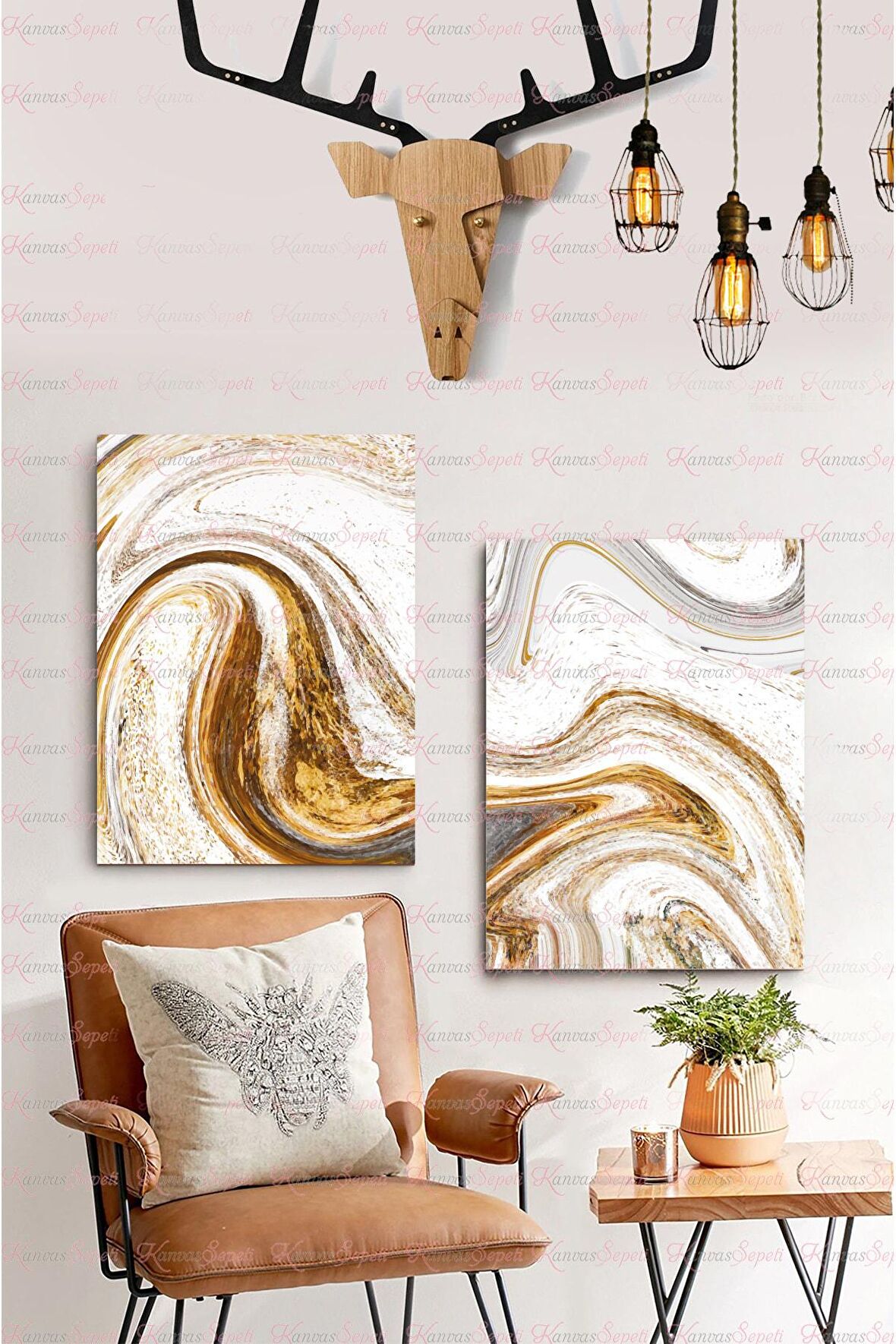 Altın Dalgalı Dekoratif  Tablo 2 li Set