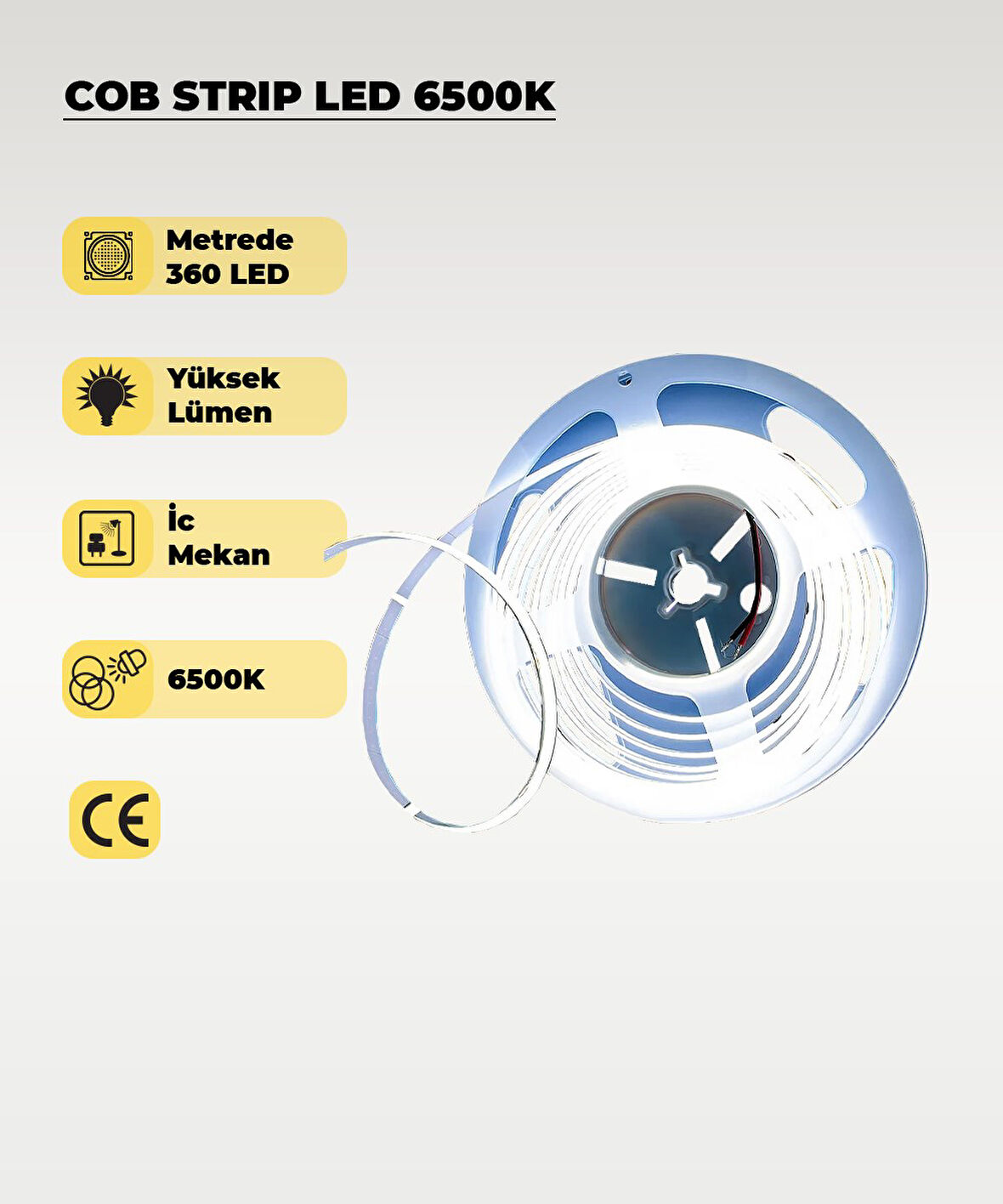 12V COB Şerit Led Beyaz Işık  - Metrede 360 Led - 5 Metre