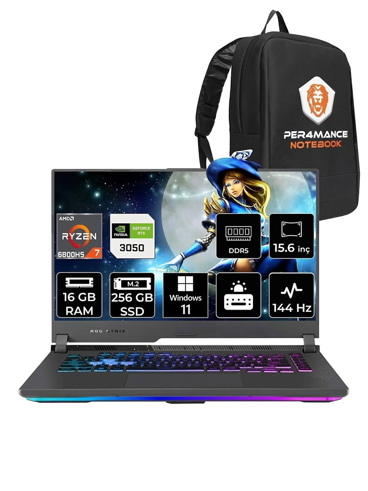 ASUS ROG Strix G15 R7 6800H 16GB 256GB SSD RTX3050/4GB 144Hz 15.6" FHD W11H HN043 & PER4 ÇANTA