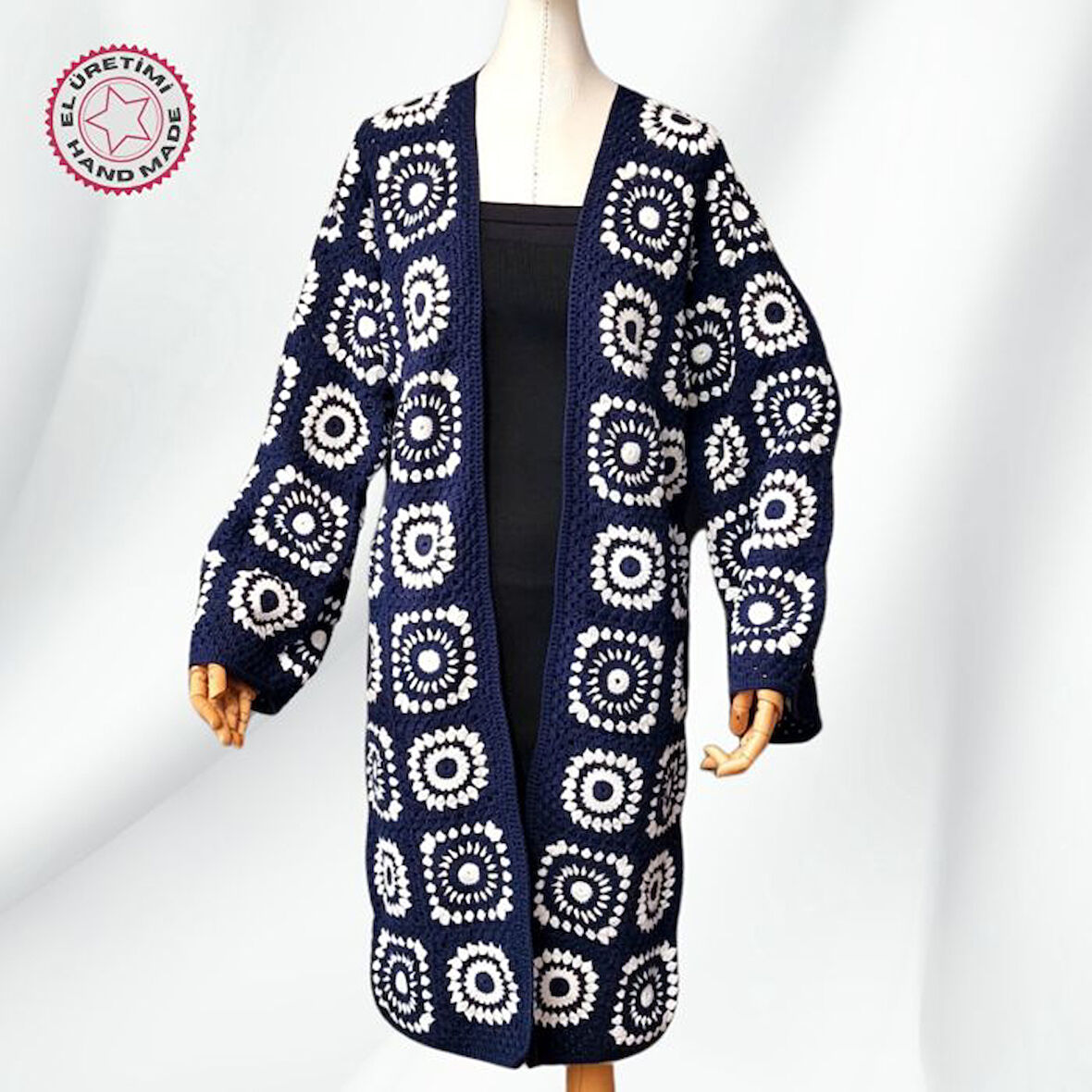 Uretti - Yıldız 7202 7297 El Örgüsü Lacivert Pamuk İp Örgü Kadın Günlük Ceket / Hırka - 40/42/44