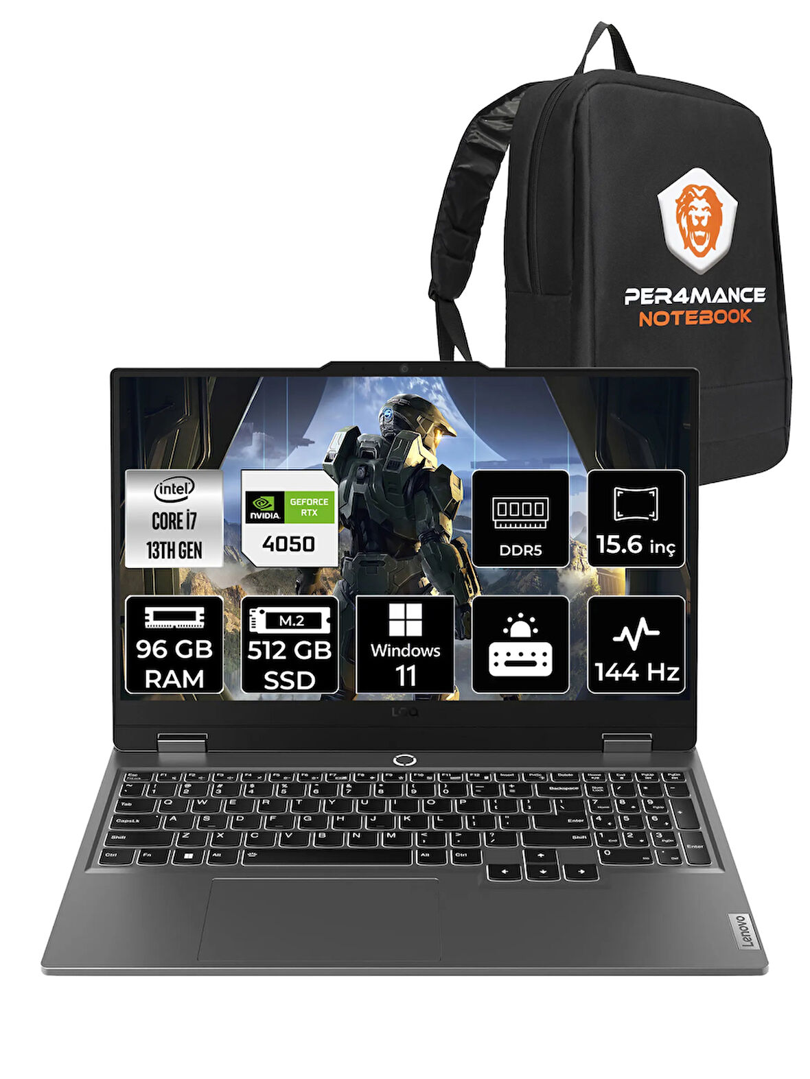 Lenovo LOQ i7 13650HX 96GB 512GB SSD RTX4050/6GB 105W 15.6" FHD 144Hz W11H Gaming Laptop & PER4 Çanta