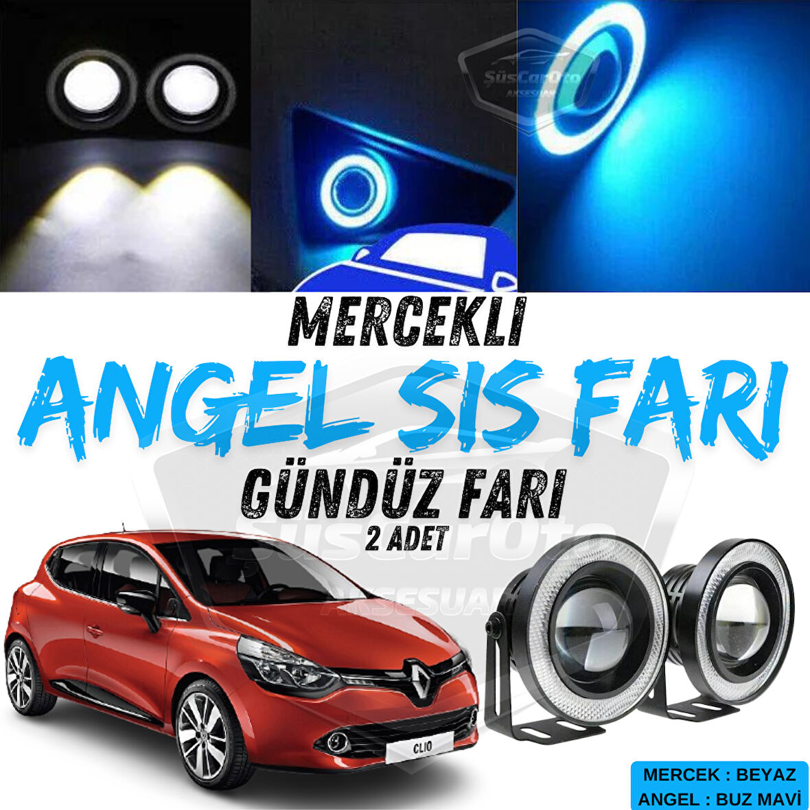 Renault Clio 4 2012-2020 Uyumlu Üniversal Mercekli Angel Sis Farı Metal Su Geçirmez 76 mm Buz Mavi Halkalı Gündüz Farı Angel Eyes 2 Adet