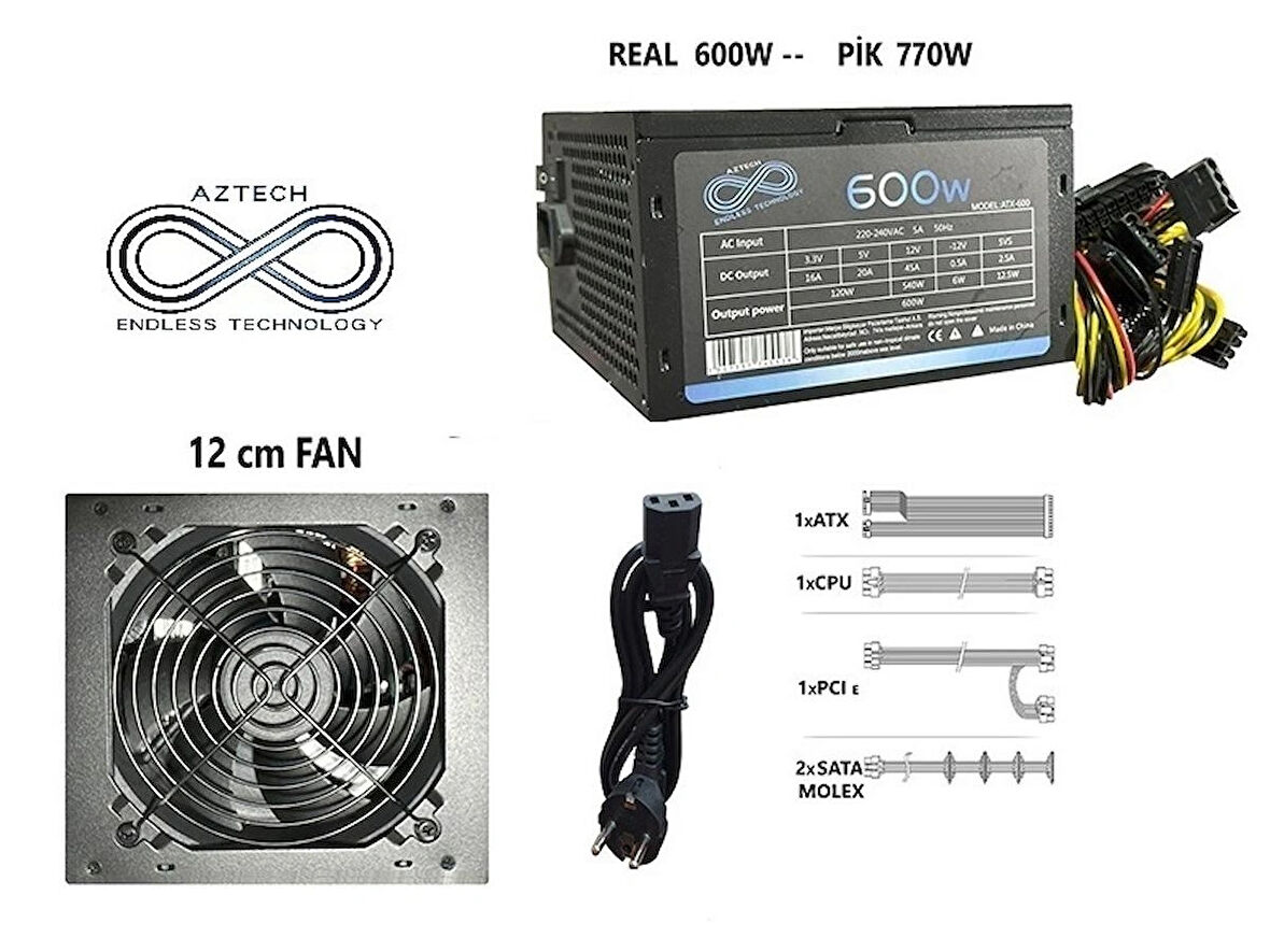 1-	AZTECH ATX 600 600W 12 Cm Fan Atx Power Supply