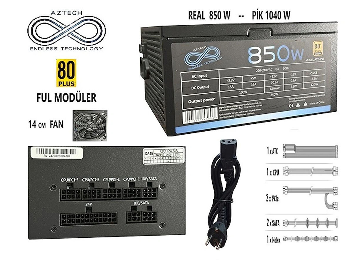 AZTECH ATX 850 850W 14 Cm Fan 80 Plus Copper Tam Modüler PSU