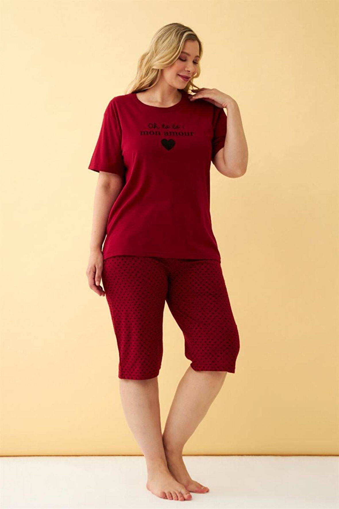 Celira Kadın Bordo Kalp Desenli Büyük Beden Kapri Pijama Takımı