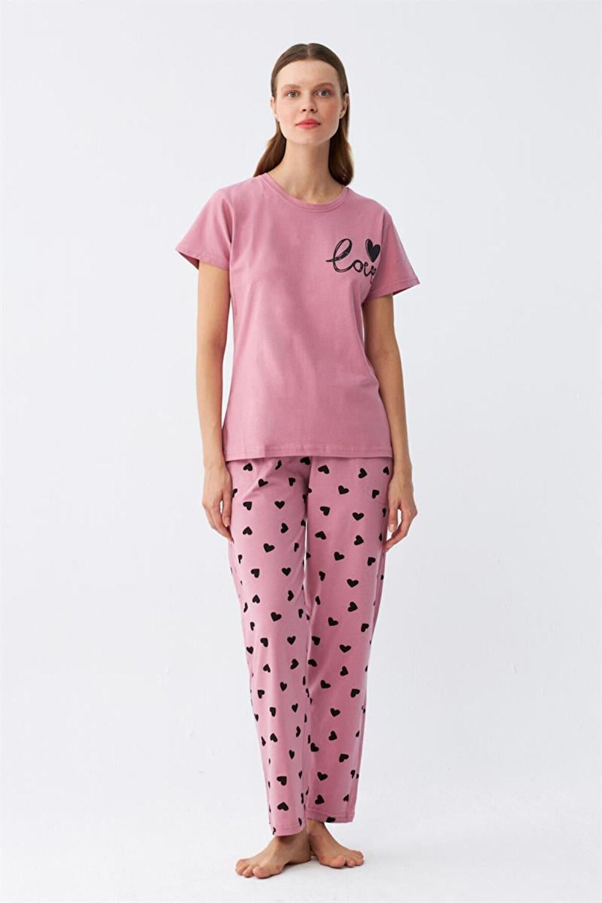 Celira Kadın Somon Kalp Desenli Kısa Kollu Penye Pijama Takımı