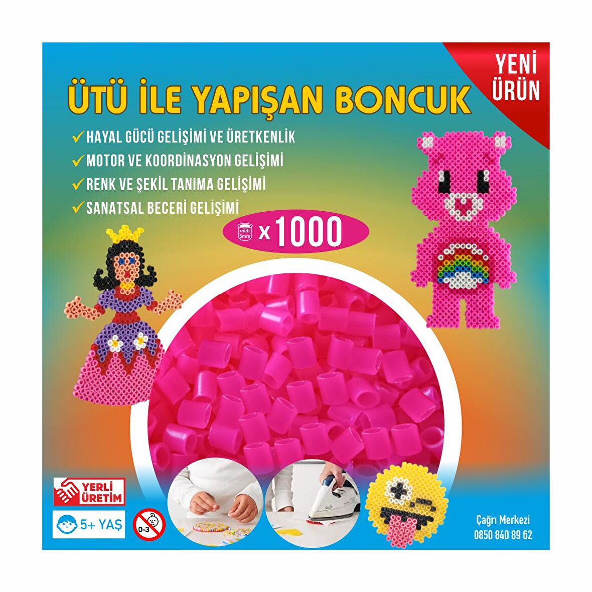 Hama Tipi Ütü ile Yapışan Midi Boncuk 5mm 1000'li Pembe