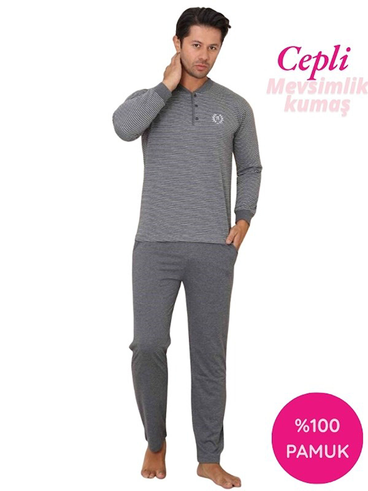 Erkek 3 Düğmeli Çizgili Desen %100 Pamuk Uzun Manşetli Kol Cepli Pijama Takımı 