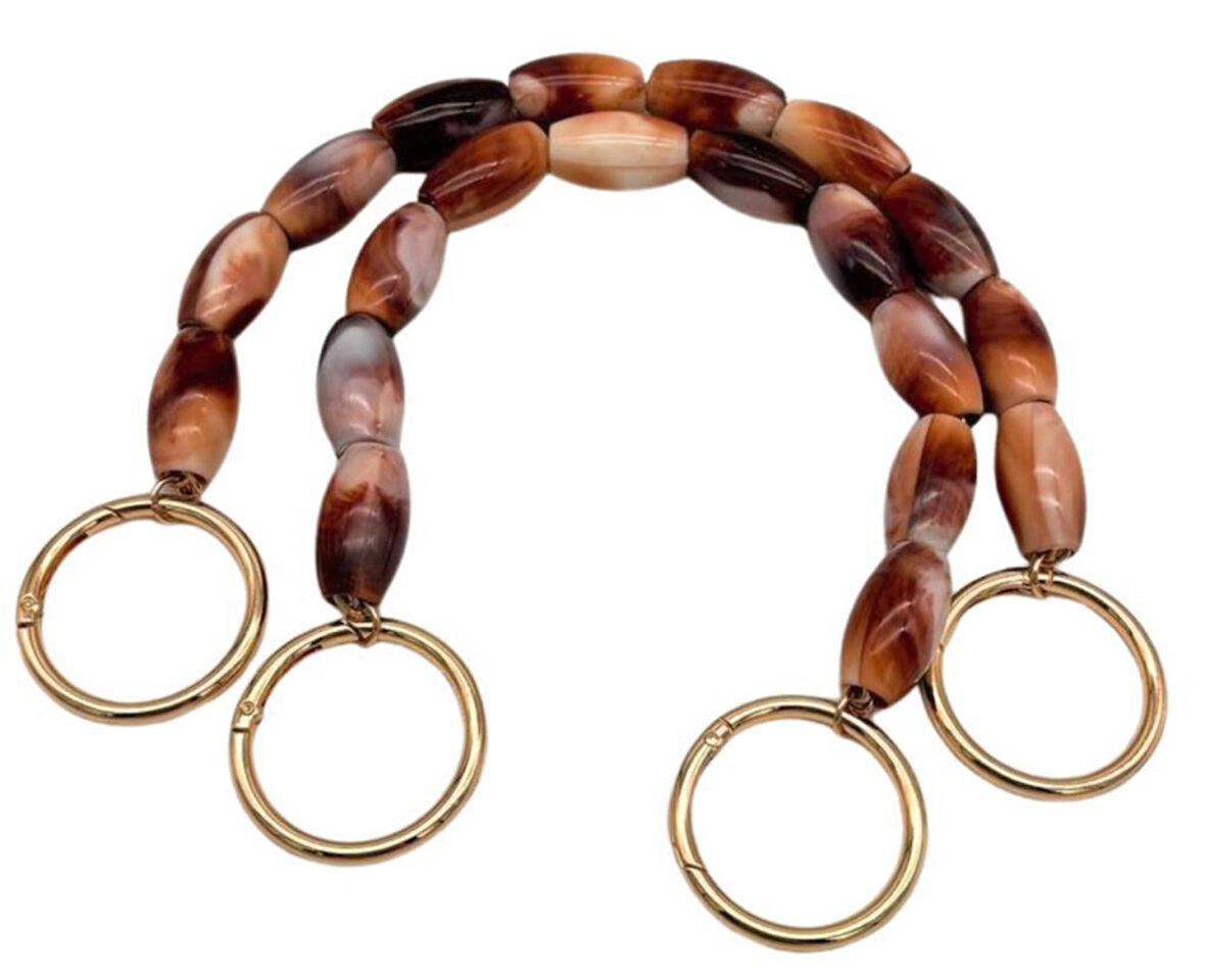 Çanta Aksesuar 42 cm Oval Taba-Bej  Boncuklu Çift Çanta Sapı Light Gold Metalli