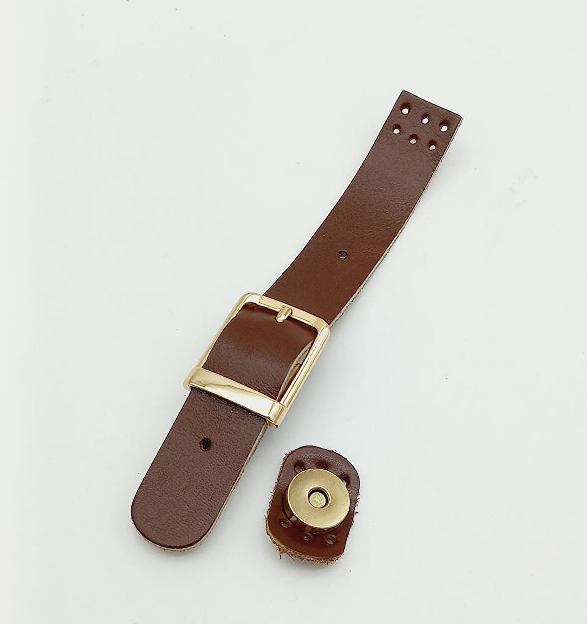 Çanta Aksesuar 18x2,3 cm Kızıl Kahve Gerçek Deri Tokalı Çanta Kapağı Light Gold Metalli