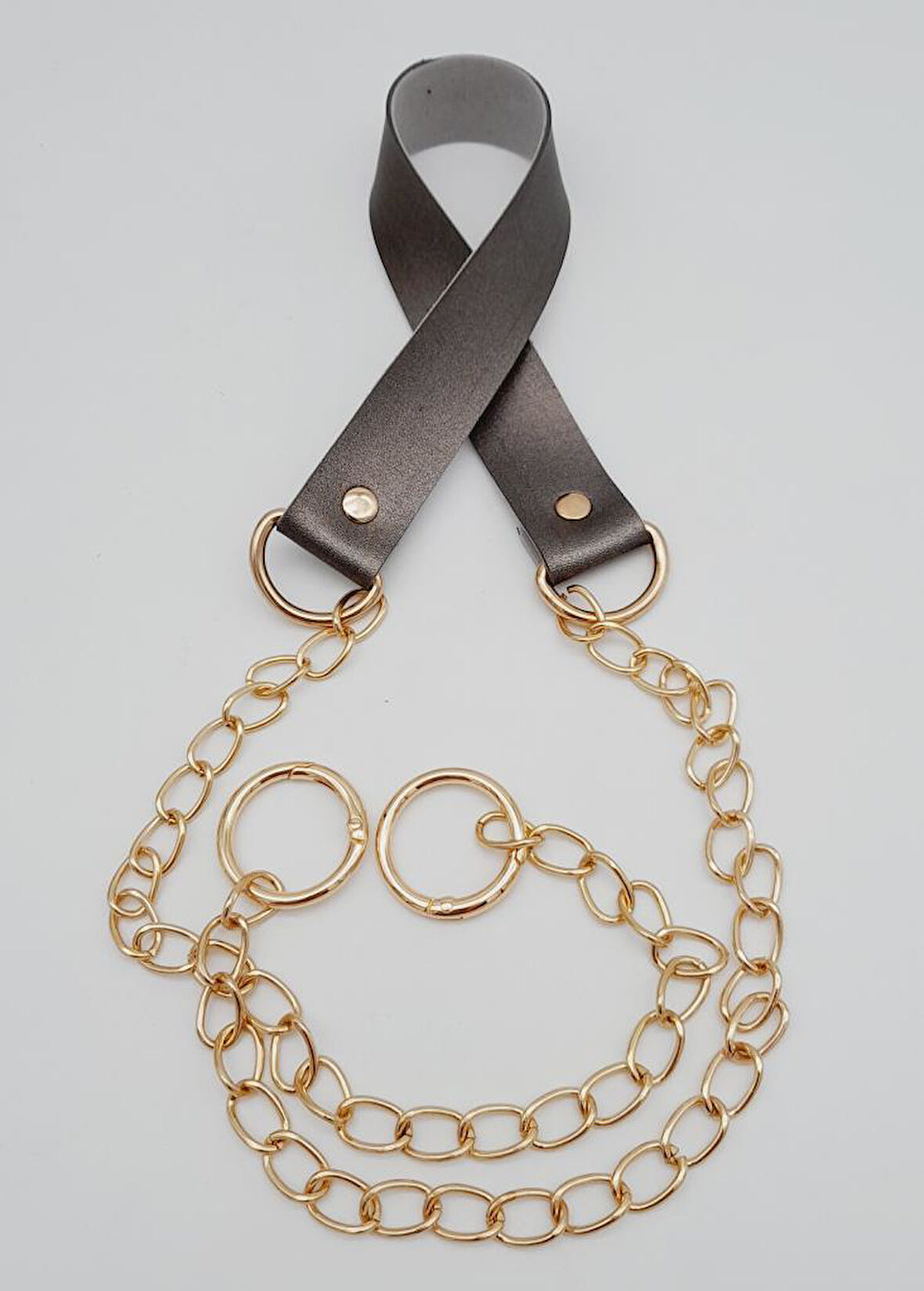 Çanta Aksesuar Tek Kat Suni Deri Parlak Gri Renk İnce Zincirli Sap Light Gold Metal