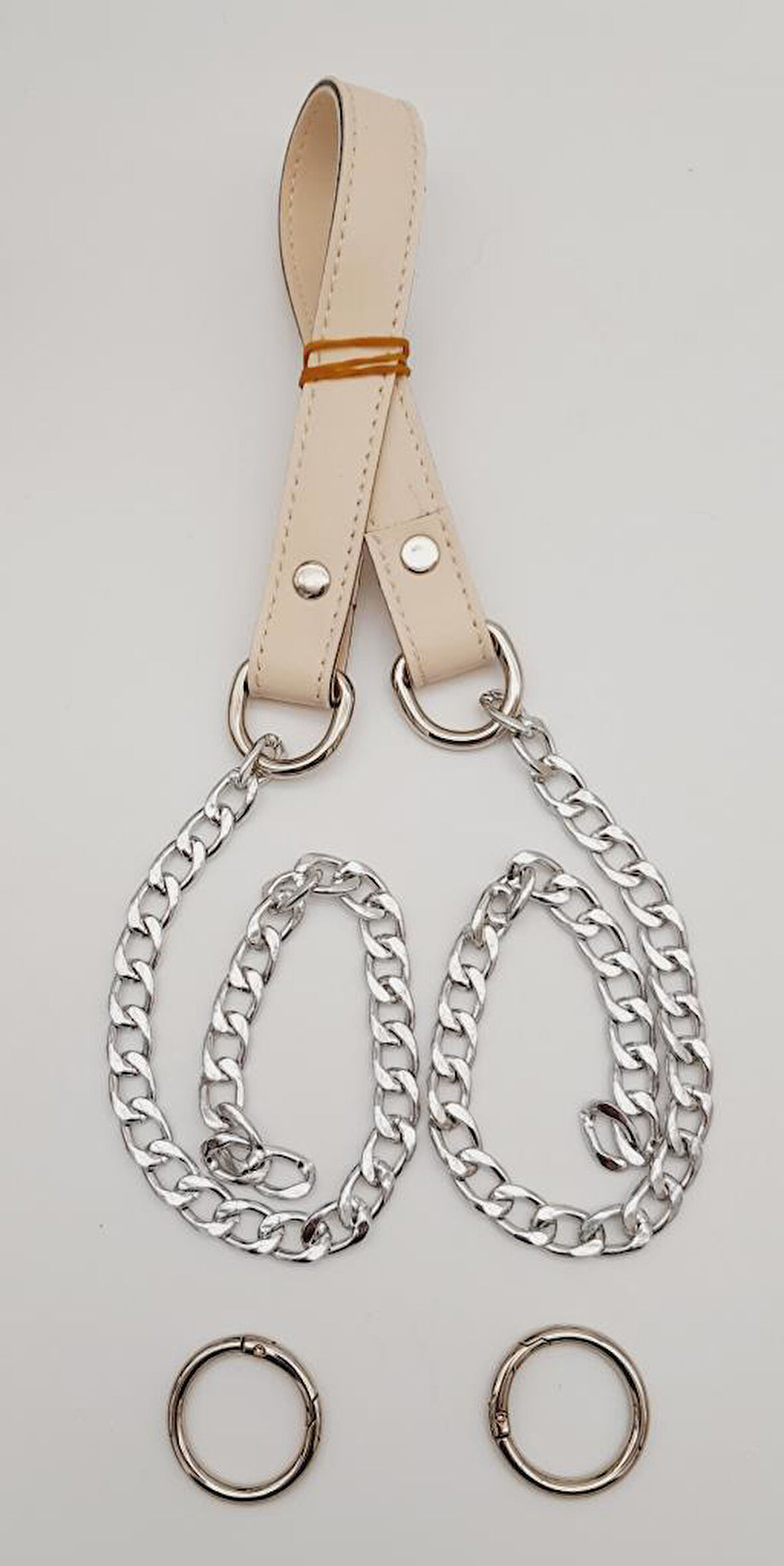 Çanta Aksesuar Suni Deri Dikişli Gümüş Zincirli Krem Renk Çanta Sapı