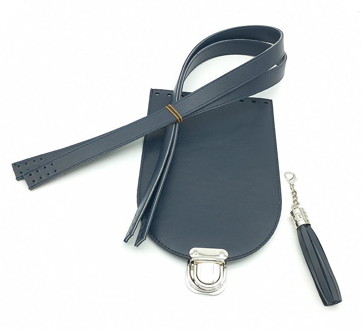 Çanta Aksesuar Lacivert Suni Deri 80x2 cm Çift Saplı Püsküllü Çanta Seti Gümüş Metalli