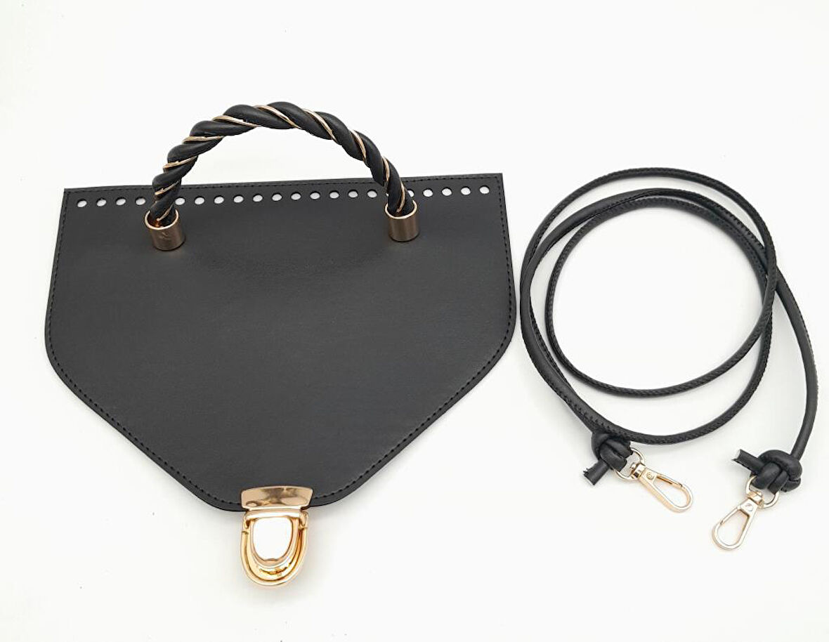 Çanta Aksesuar Siyah Suni Deri 22.5x17 cm Kapaklı 120 cm Saplı Çanta Seti Light Gold Metalli