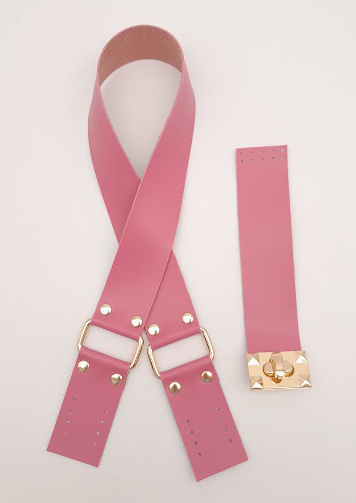 Çanta Aksesuar 70x4 cm Suni Deri Çanta Saplı Kapaklı Fuşya Çanta Seti Light Gold Metalli