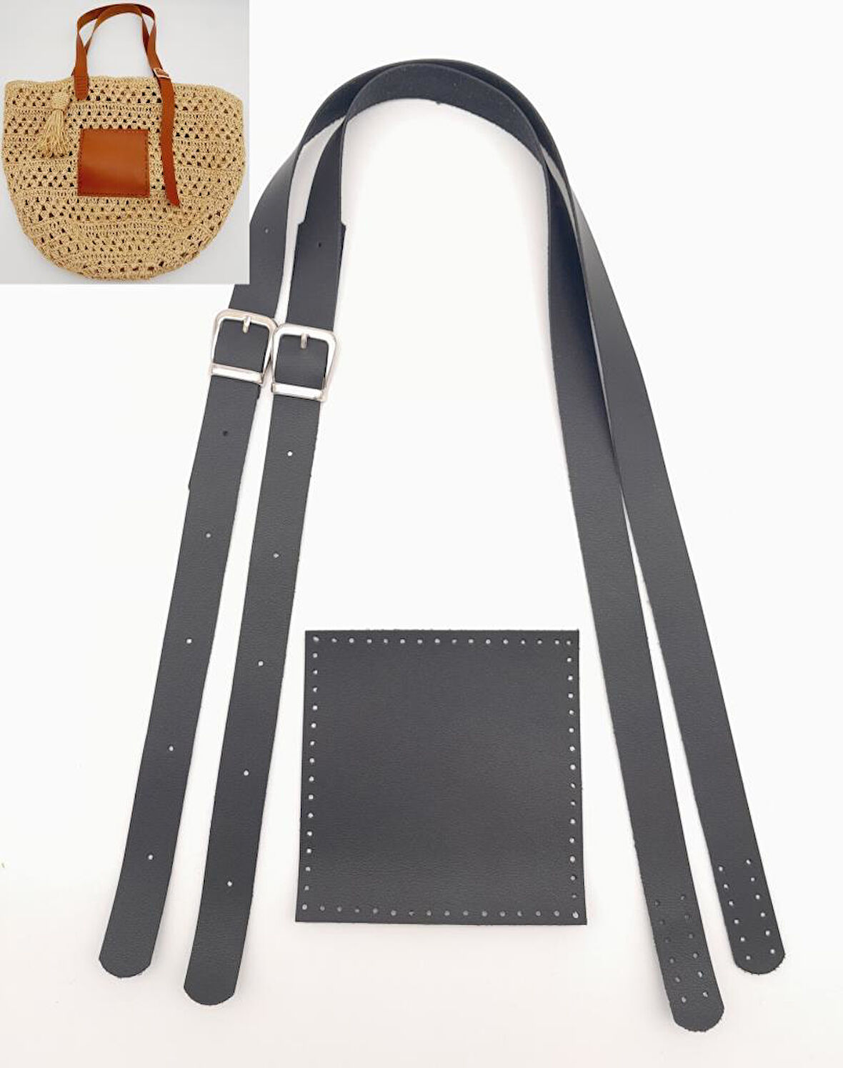 Çanta Aksesuar Suni Deri Cepli Ayarlanabilir Çift Saplı Çanta Seti Siyah Gümüş Metalli