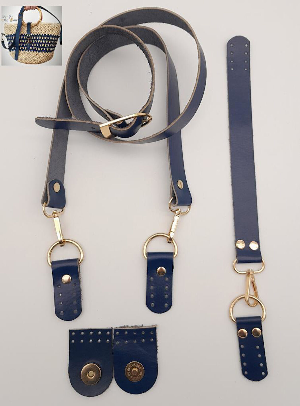 Çanta Aksesuar Gerçek Deri Foryouu Model Çanta Deri Seti Lacivert Renk Light Gold Metalli