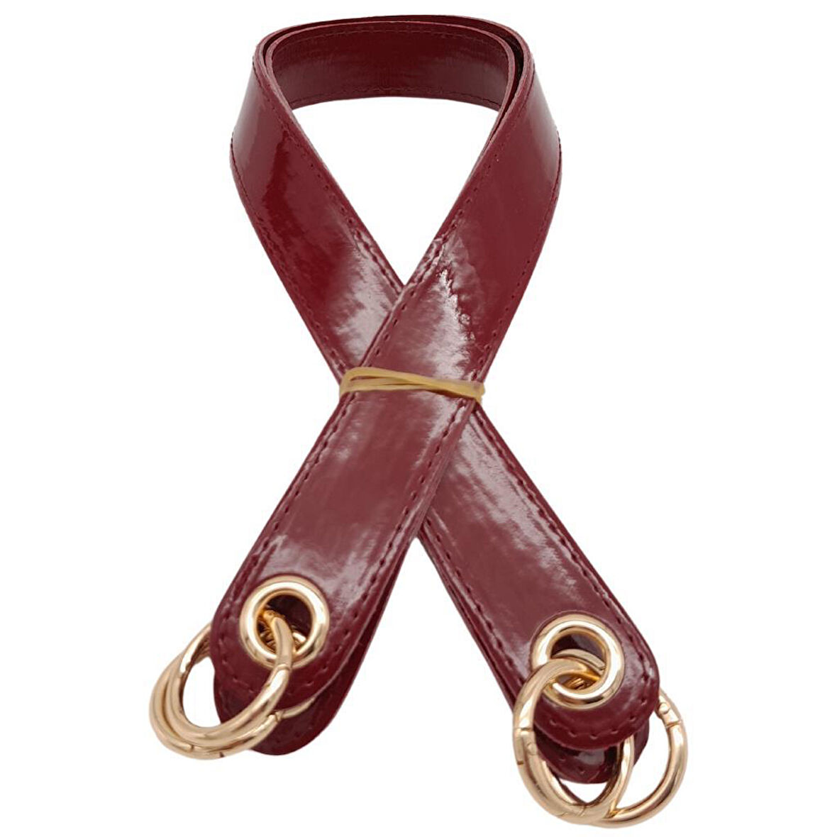 Çanta Aksesuar Parlak Rugan Deri Kuş Gözlü Çift Çanta Sapı Bordo Renk Light Gold Metalli