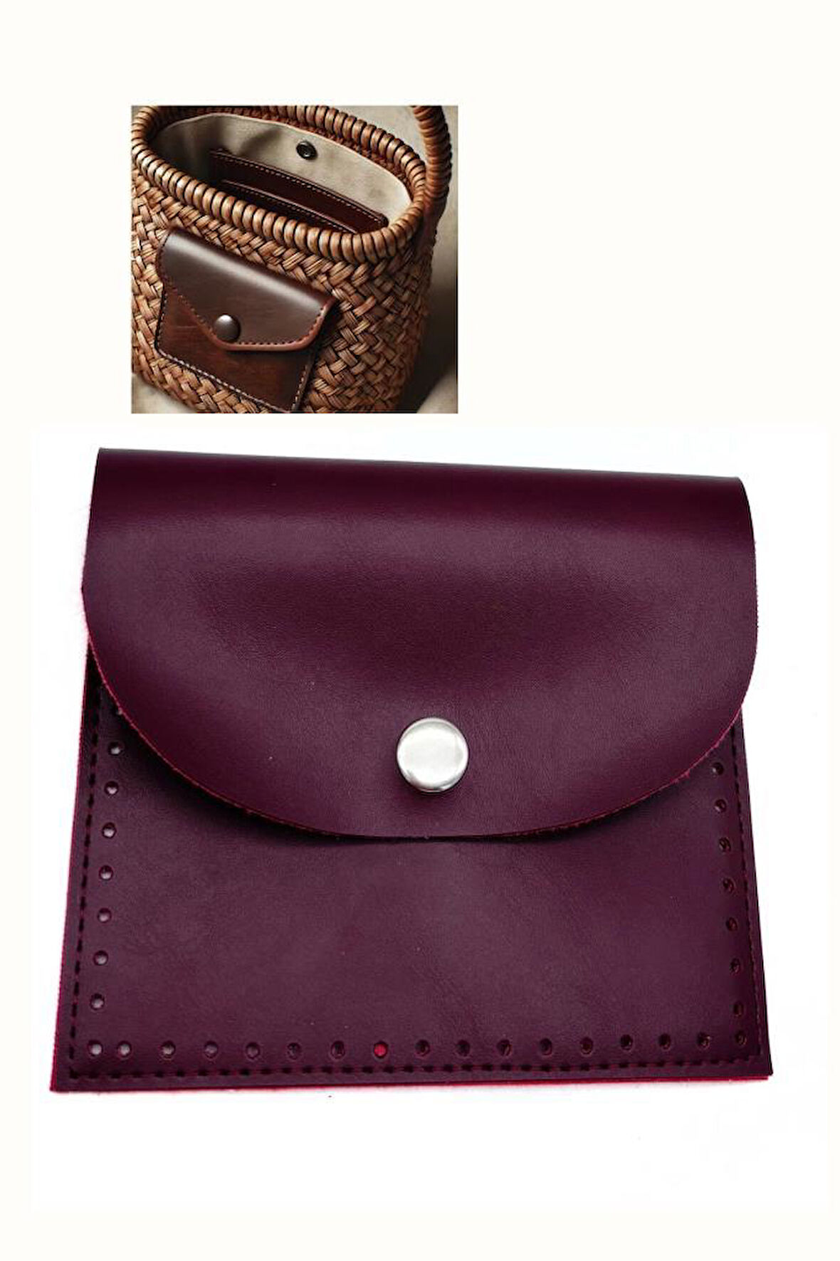 Çanta Aksesuar 14X12.5 cm cm Bordo Renk  Çıtçıtlı Suni Deri Cep