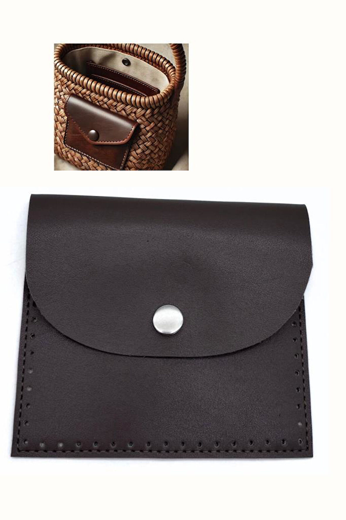 Çanta Aksesuar 14X12.5 cm cm Kahve Renk  Çıtçıtlı Suni Deri Cep