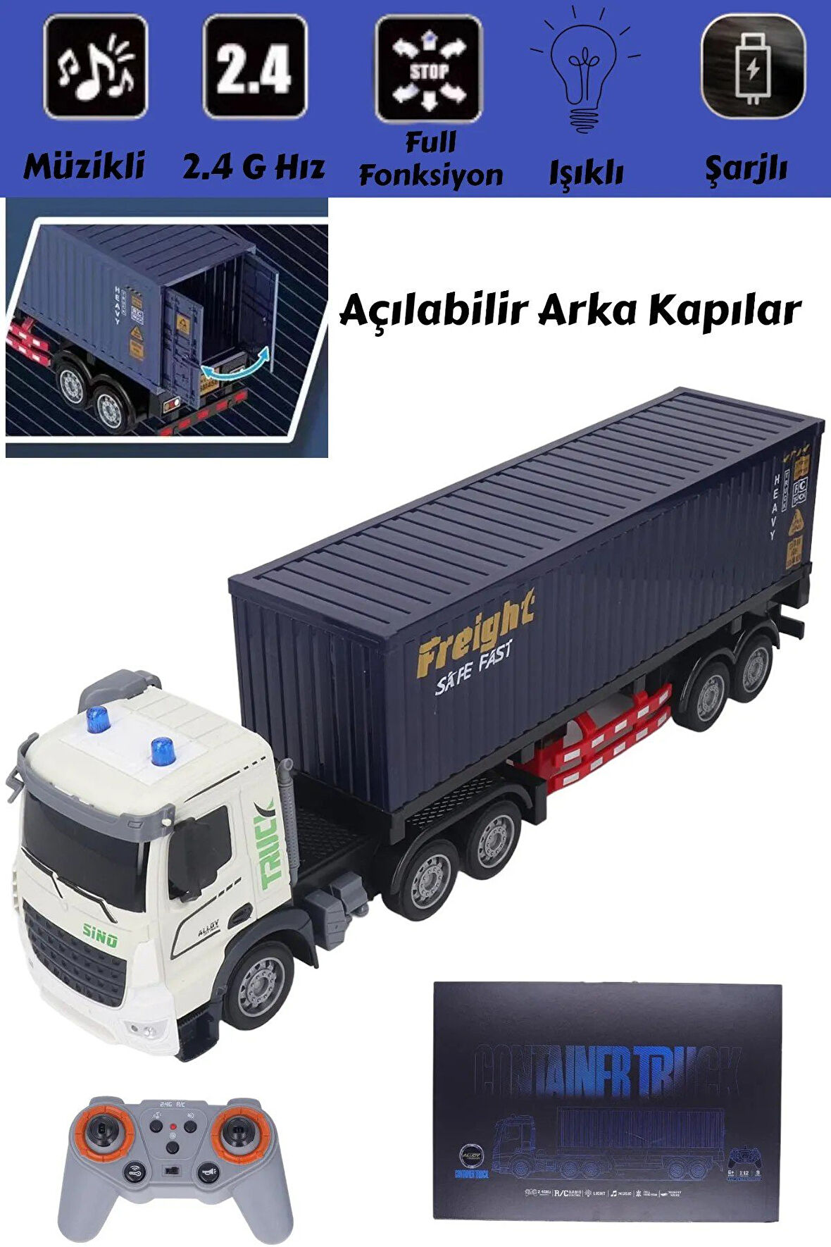 Kumandalı Konteyner Tır - Işıklı, Müzikli, 1:12 Ölçek, Full Fonksiyonlu 9 Kanal RC Araç
