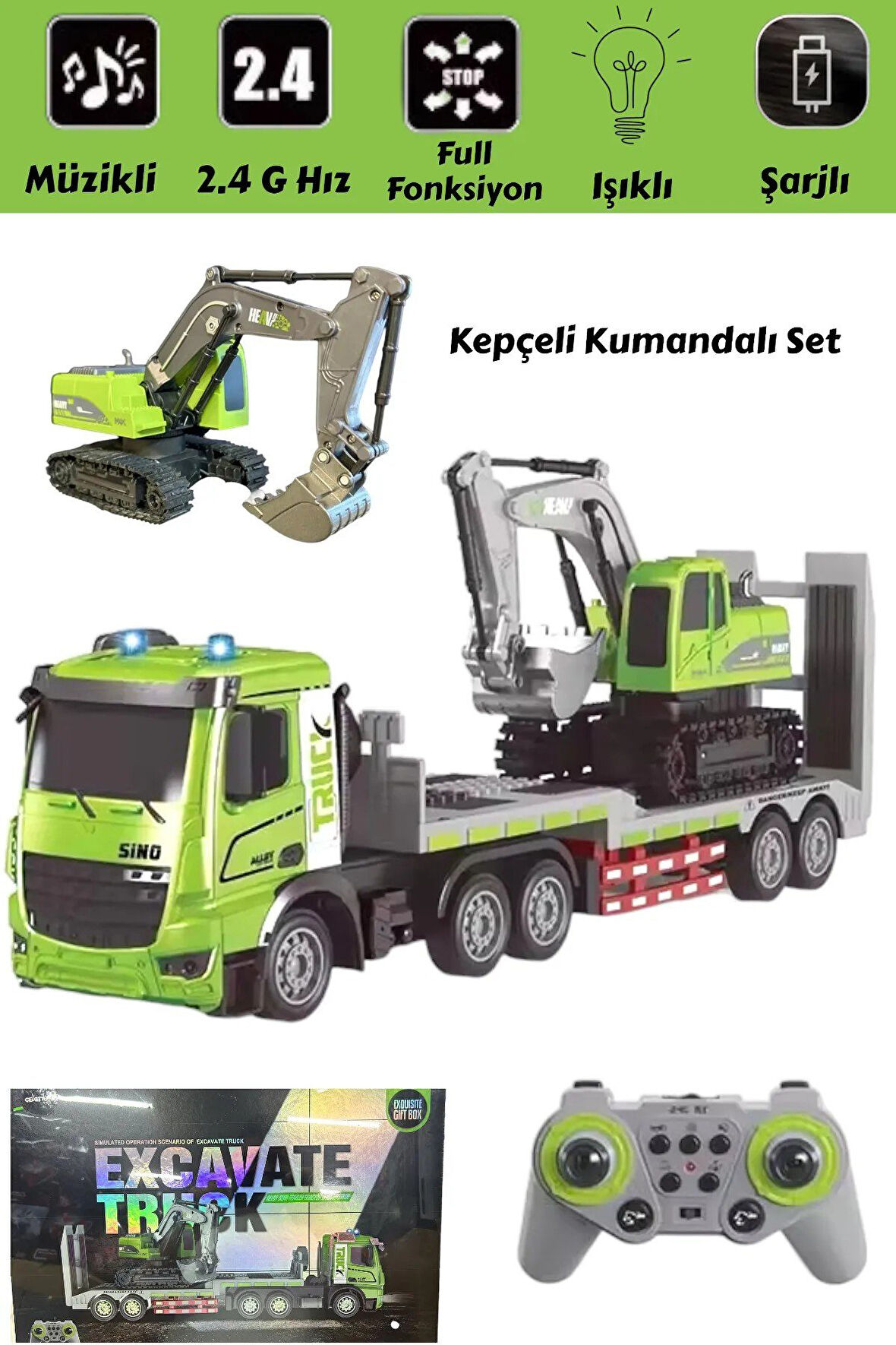 Kumandalı Gerçekçi Işıklı ve Müzikli 1:12 Tır Ekskavatör – Full Fonksiyon İnşaat Aracı