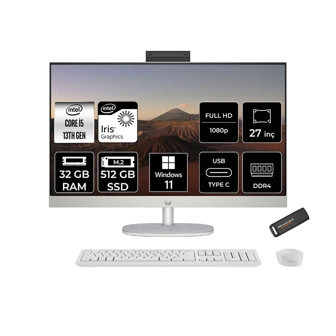 HP 27-CR0009NT i5 1335U 32GB 512GB SSD Intel Graphics 27" FHD IPS W11P All In One PC Beyaz & PER4