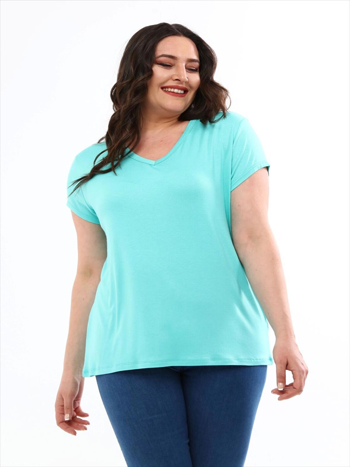 Kadın Büyük Beden V Yaka Basic Kısa Kollu Mint T-Shirt
