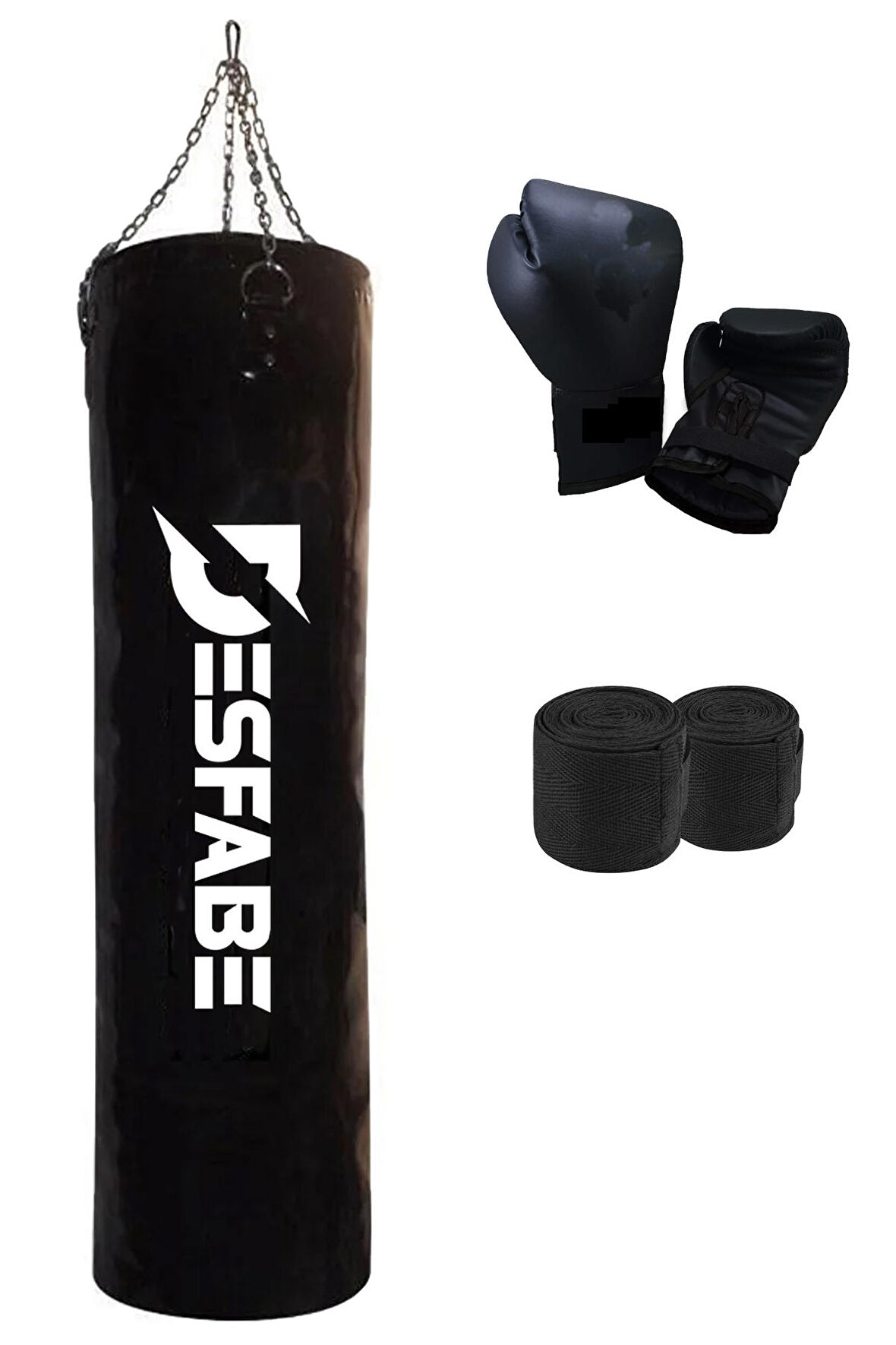 Desfabe Boxing Star 120x32 Cm Zincirli Boks Kum Torbası Siyah+Boks Eldiveni+El Sargı Bandajı