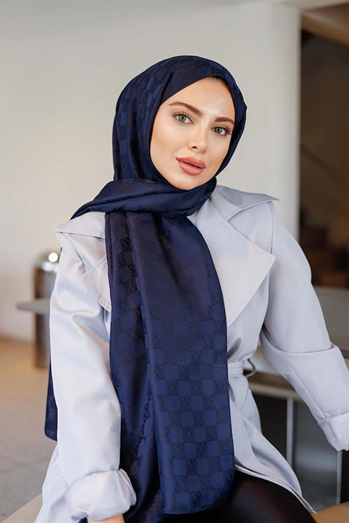 Dama Desen Şal Lacivert