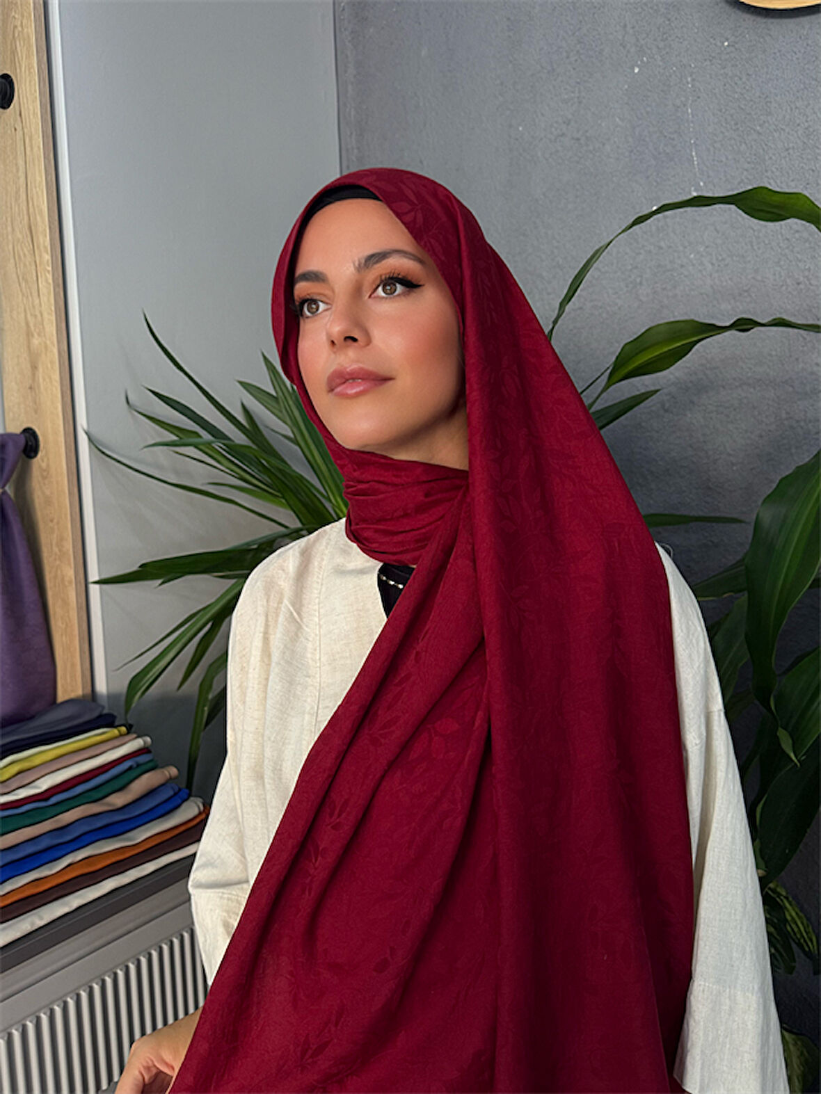 Yaprak Desen Şal Bordo