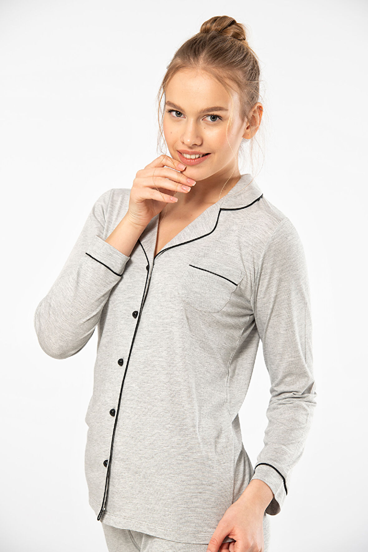 Düz Uzun Kollu Gömlek Yaka Pijama Takım 3365/Gri