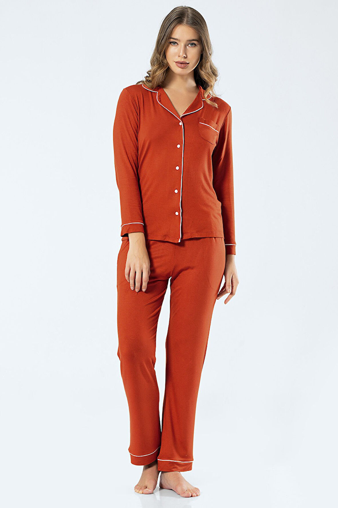 Türen Kadın Uzun Kol Gömlek Yaka Pijama Takım 3359/Kiremit